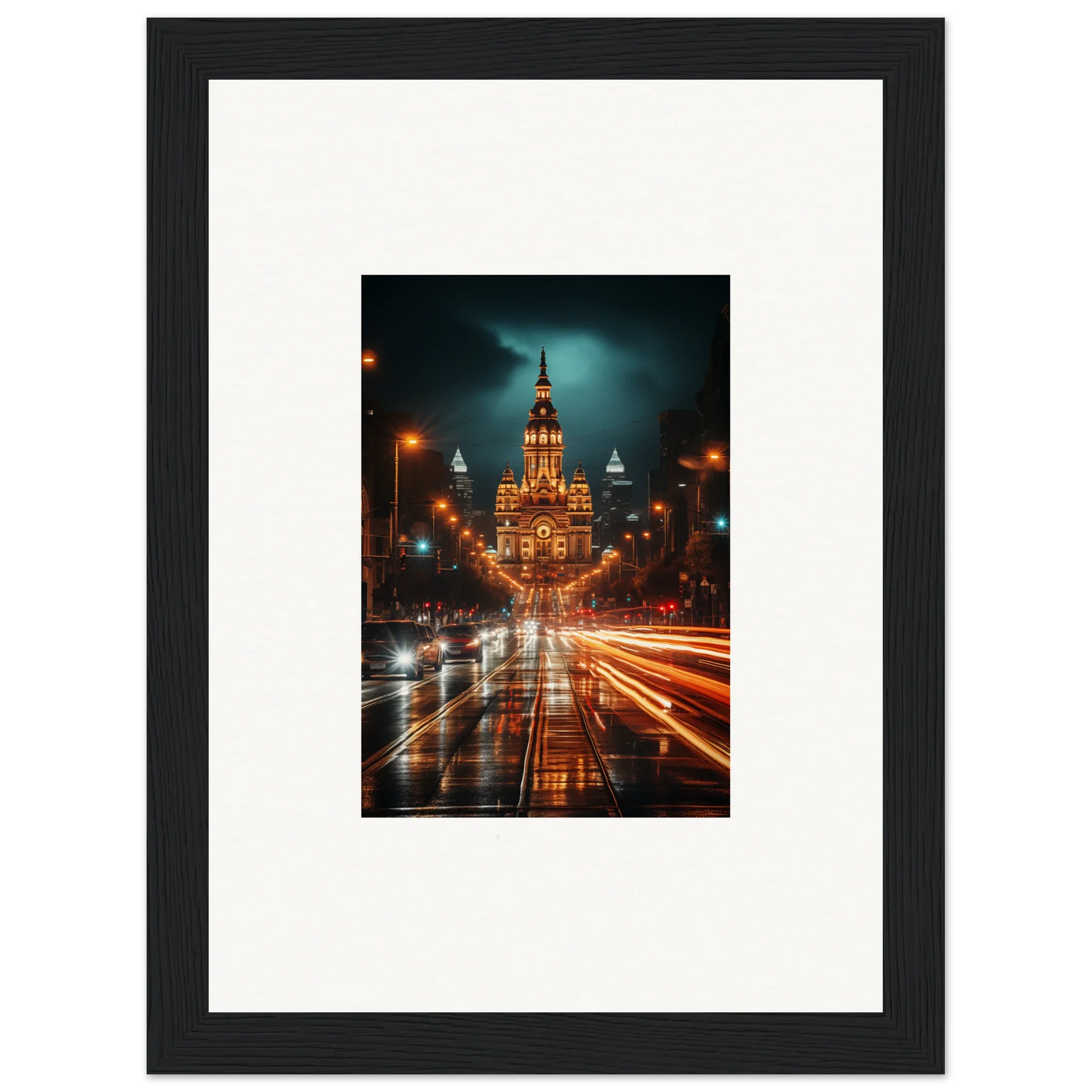 Radiant Urban Reverie with illuminated Gothic building and traffic light trails at night