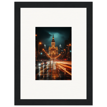 Radiant Urban Reverie with illuminated Gothic building and traffic light trails at night