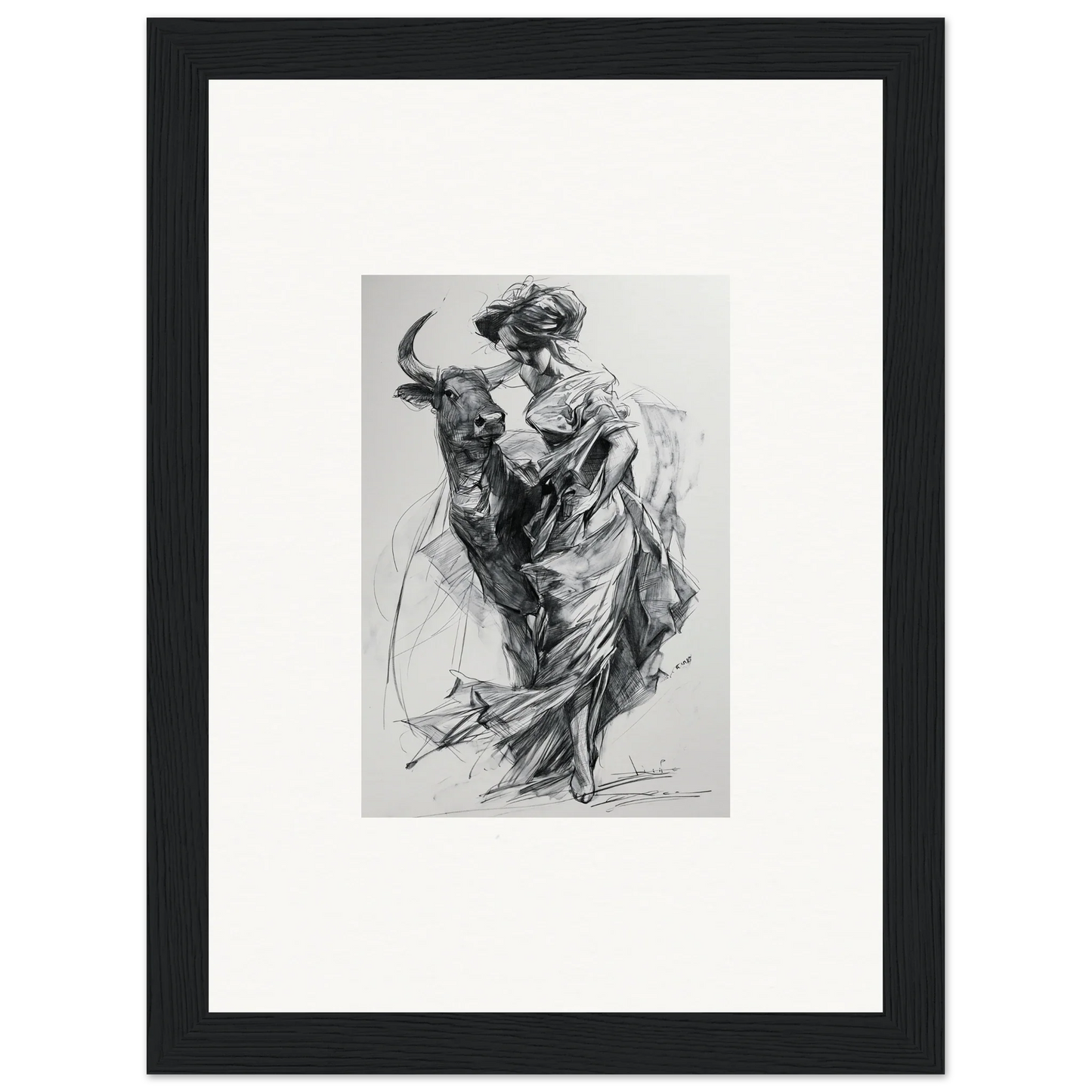 Black and white sketch of a matador in action with a bull from Sylvan Euphoria Lumia