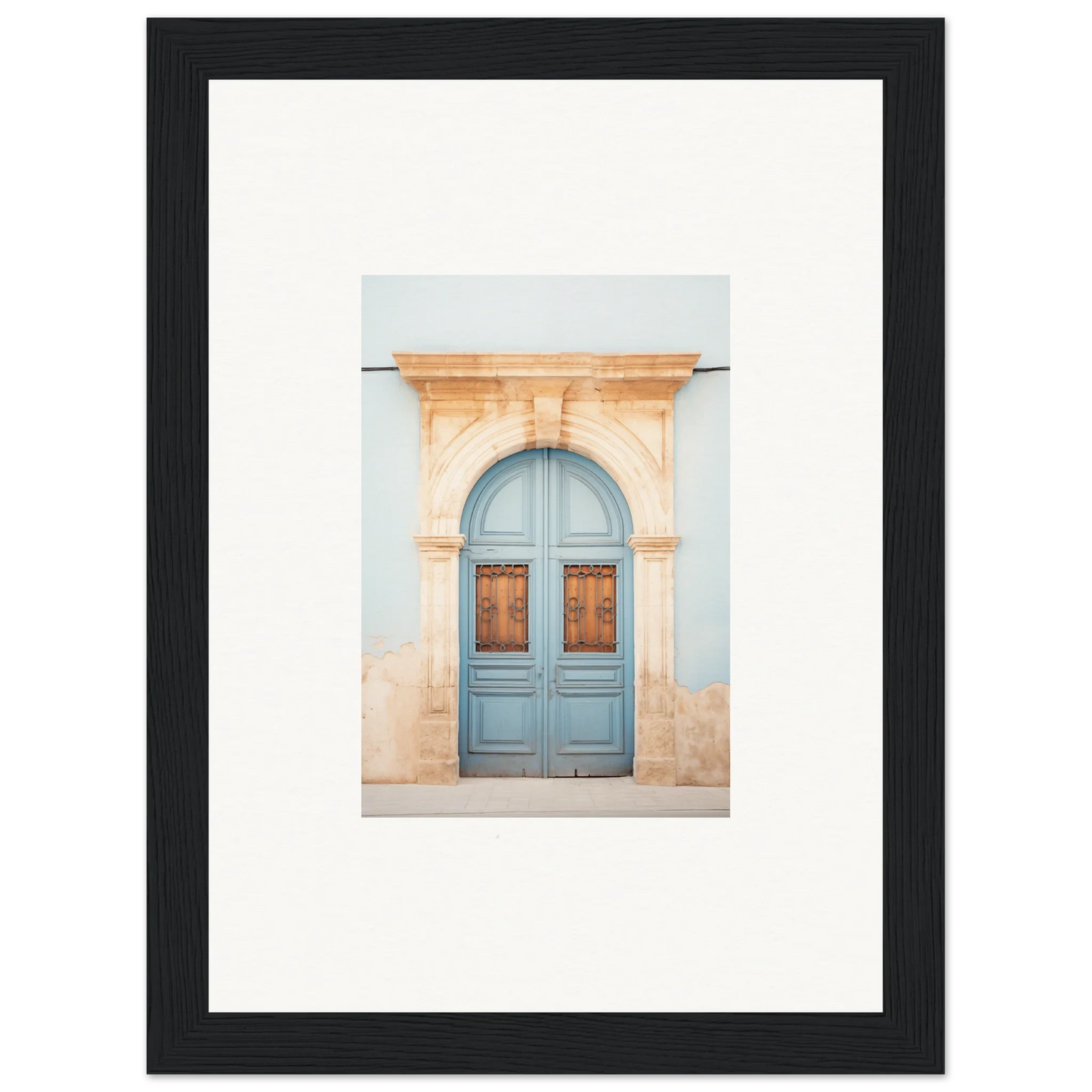 Light blue wooden door with ornate peach stone archway for Threshold of Echoes art