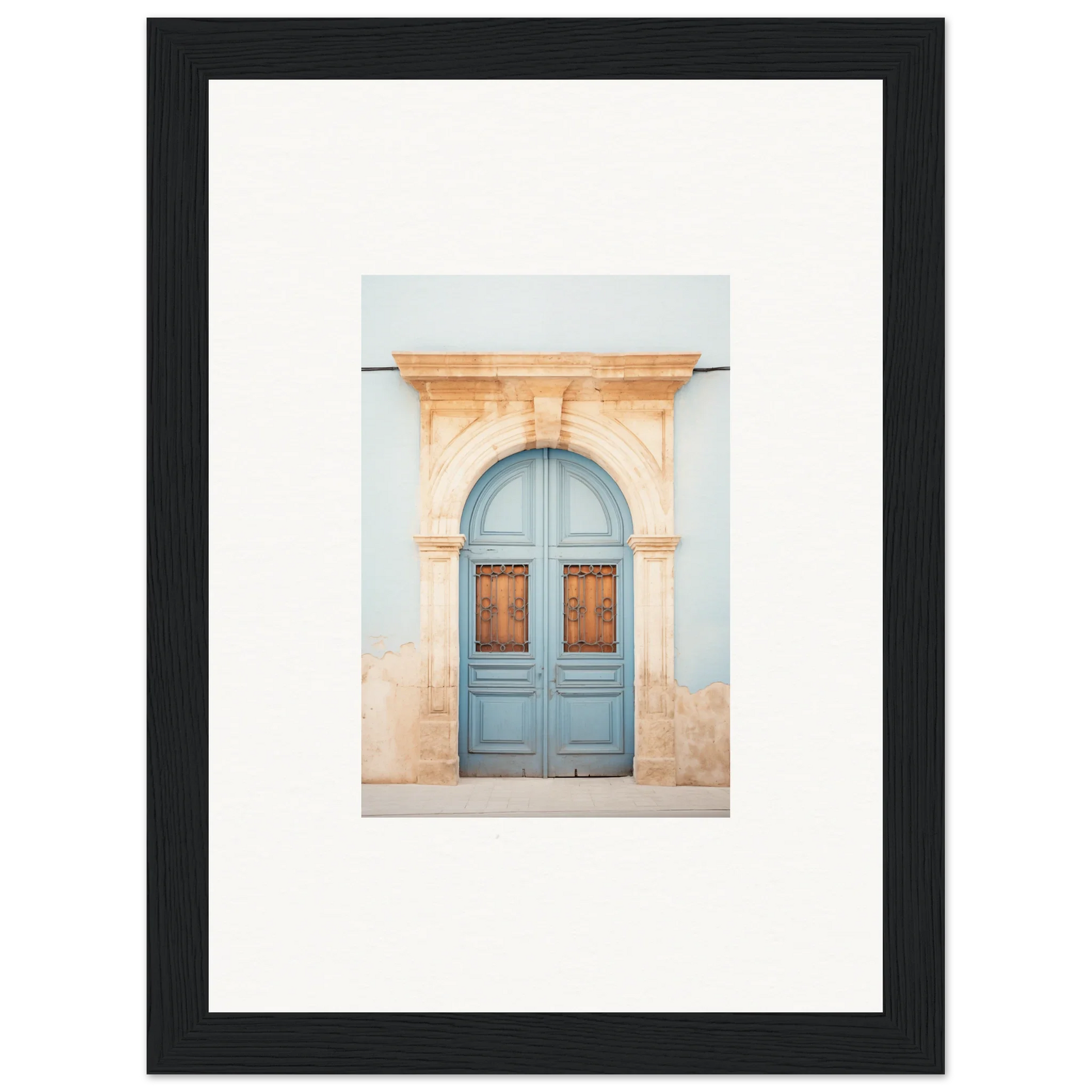 Light blue wooden door with ornate peach stone archway for Threshold of Echoes art