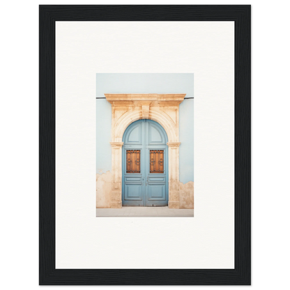 Light blue wooden door with ornate peach stone archway for Threshold of Echoes art