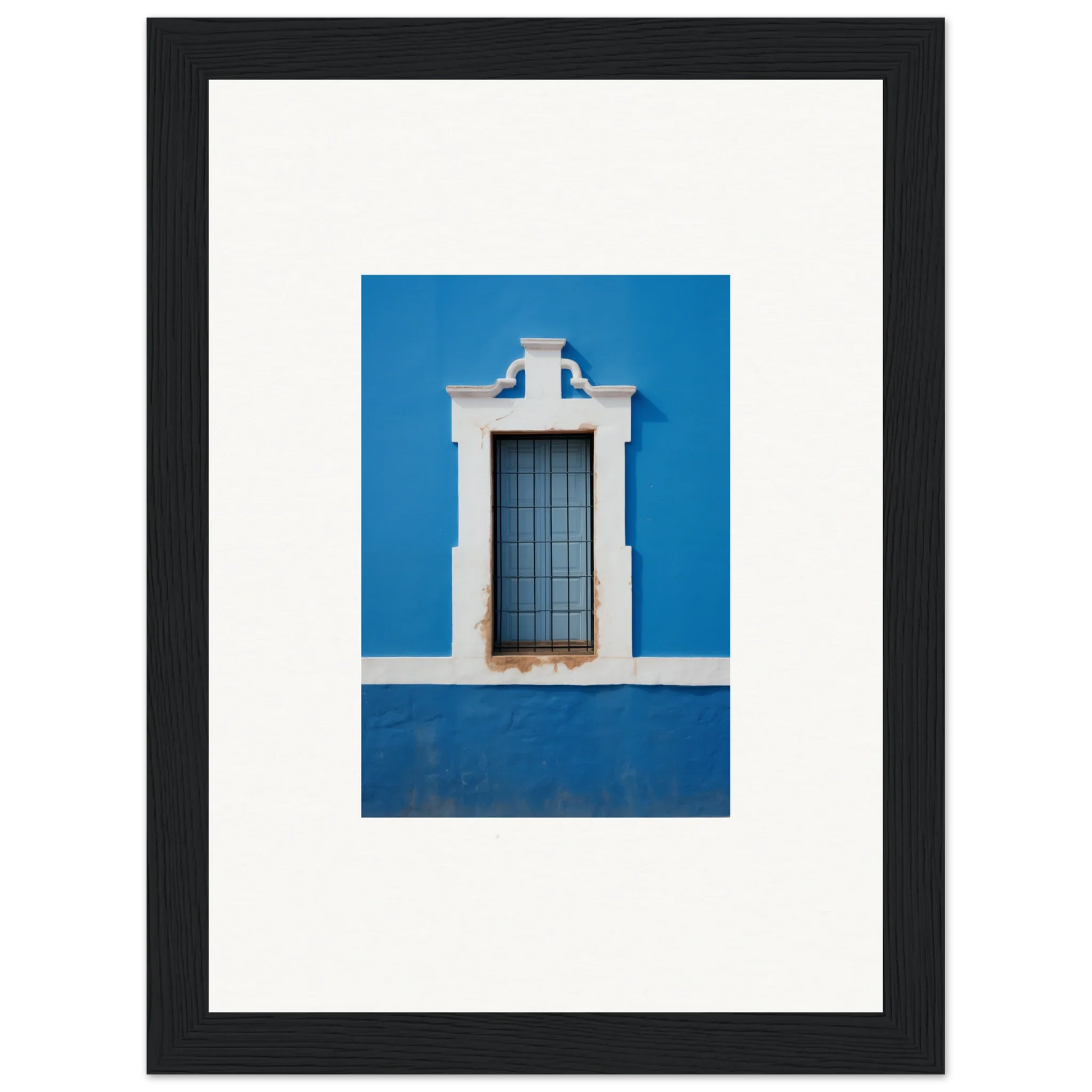 Ornate white-framed window with metal bars on blue wall in Liquid Azure Quest art piece