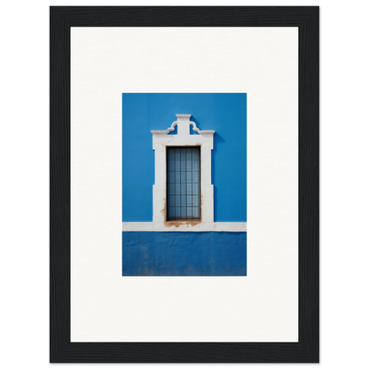 Ornate white-framed window with metal bars on blue wall in Liquid Azure Quest art piece