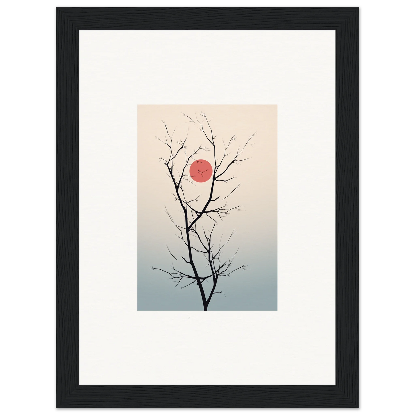 Bare tree branches silhouette against a red sun for Serene Eclipse wall art