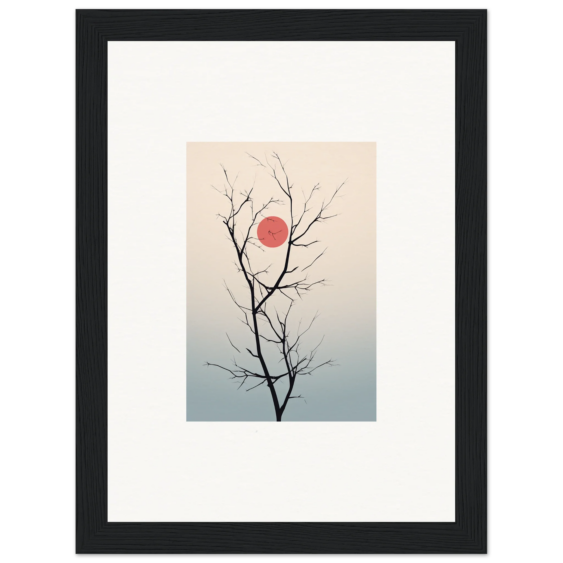 Bare tree branches silhouette against a red sun for Serene Eclipse wall art