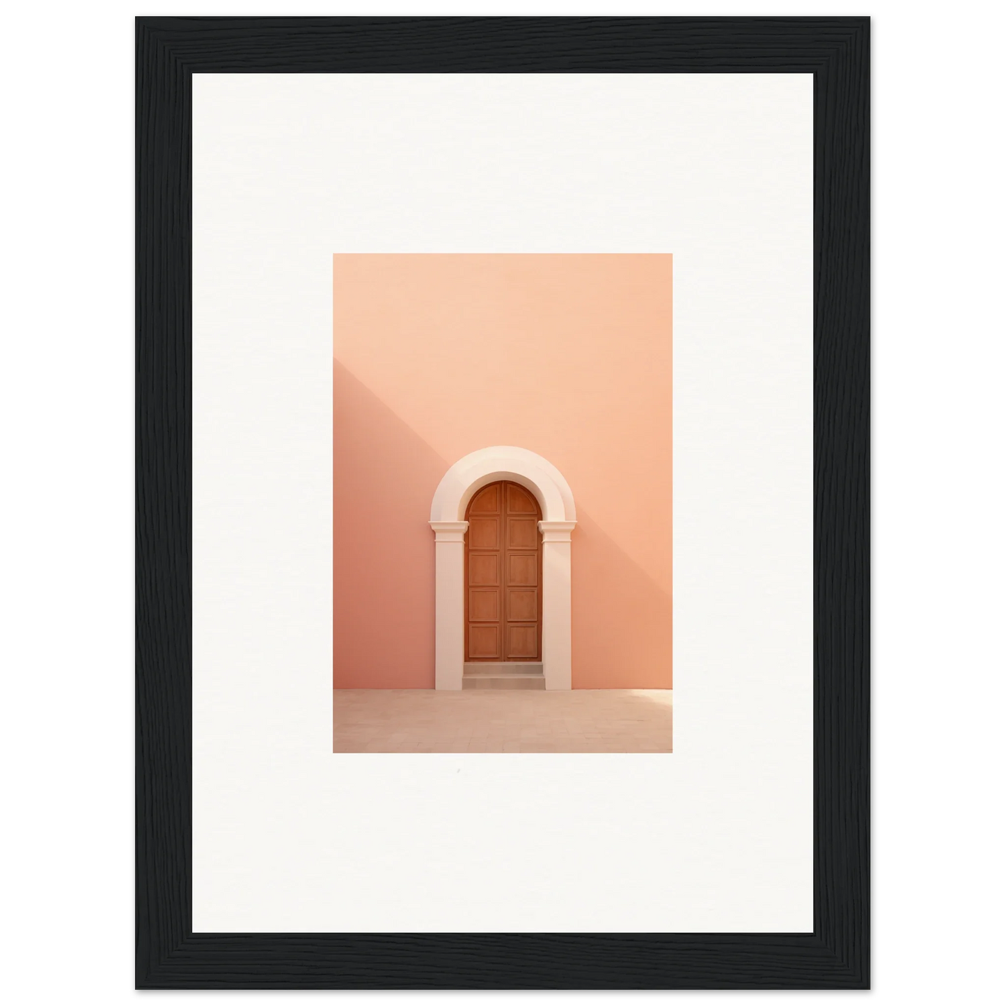 Wooden door in arched stone doorway on peachy-pink wall from Silent Coral Dreams collection