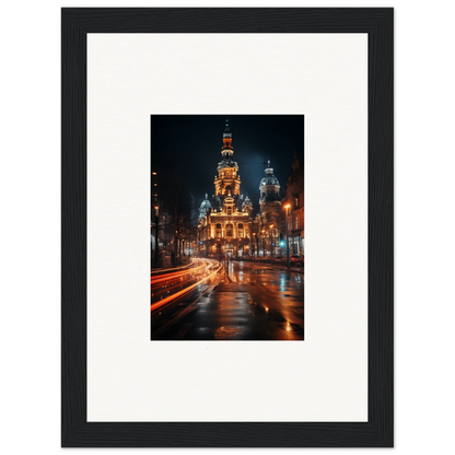 Ornate Russian Orthodox church aglow at night with car light trails in Midnight Highway Mirage