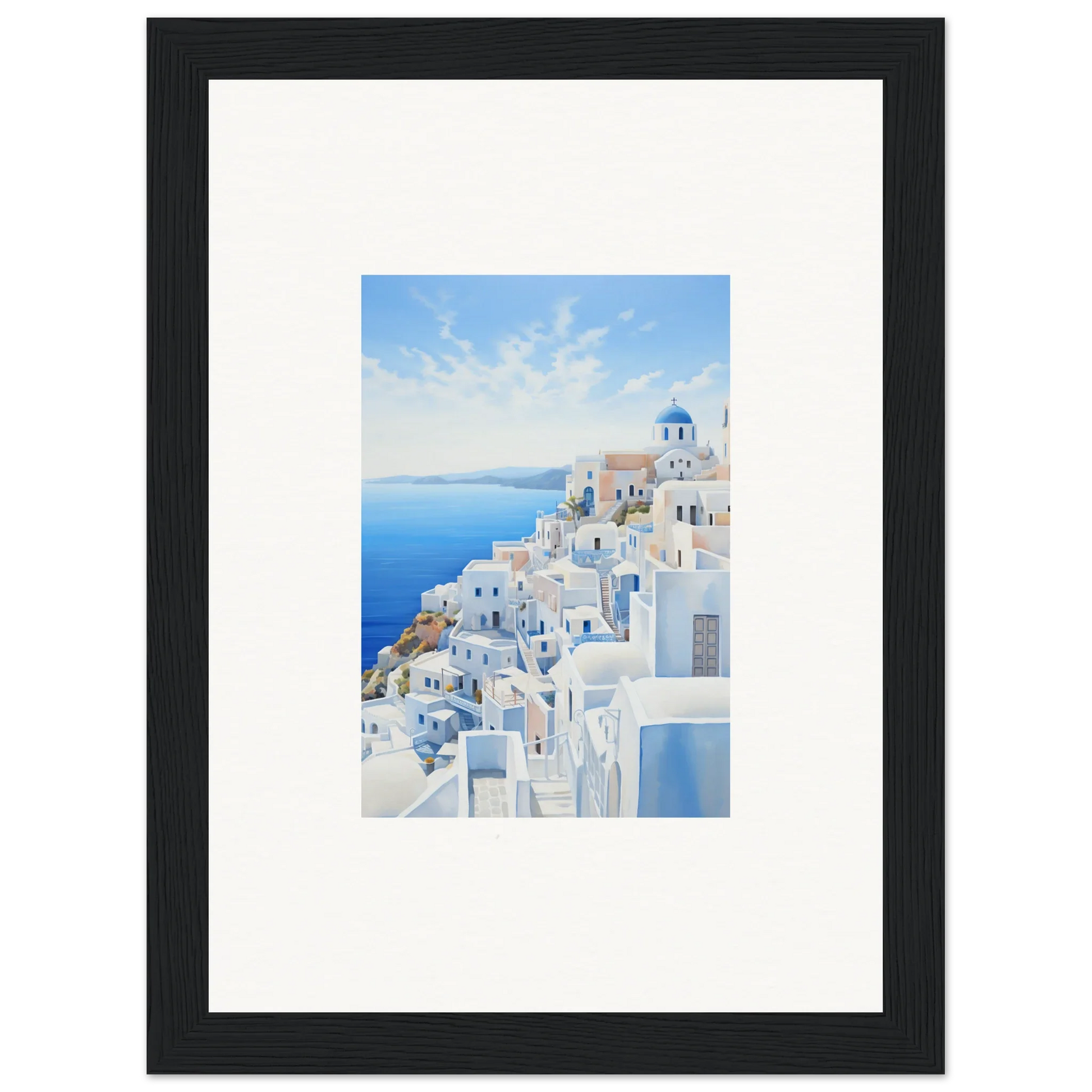 Framed wall art of Santorini’s white buildings and blue domes, Elysian Horizon Vortex