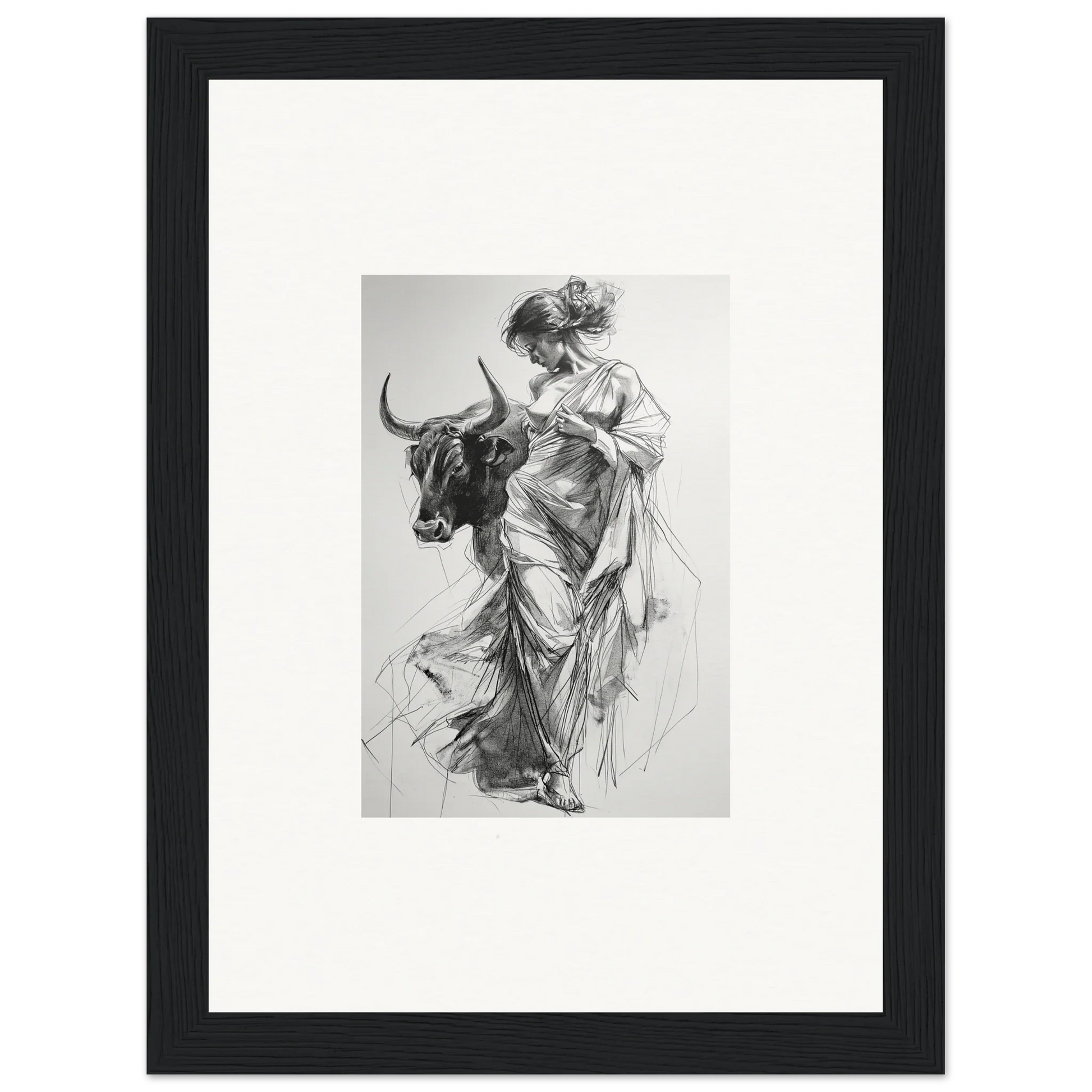 Black and white sketch of a woman in robes by a bull for Splashing Gaze Melds art