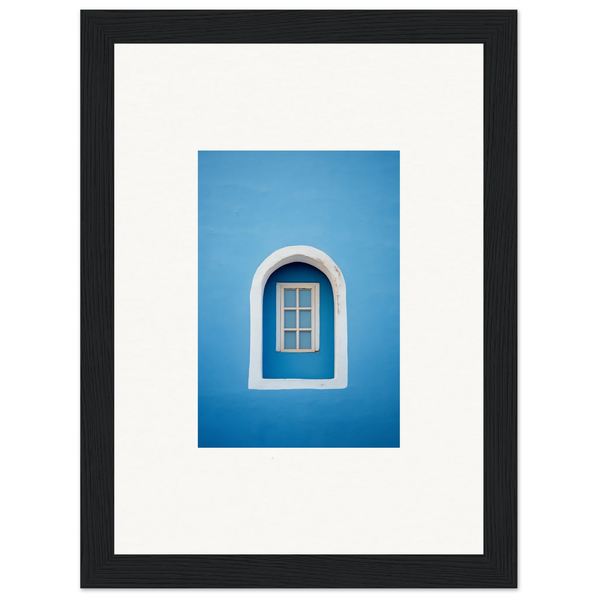 Arched window with white trim on a blue wall in Whispers Sky Mosaic art piece