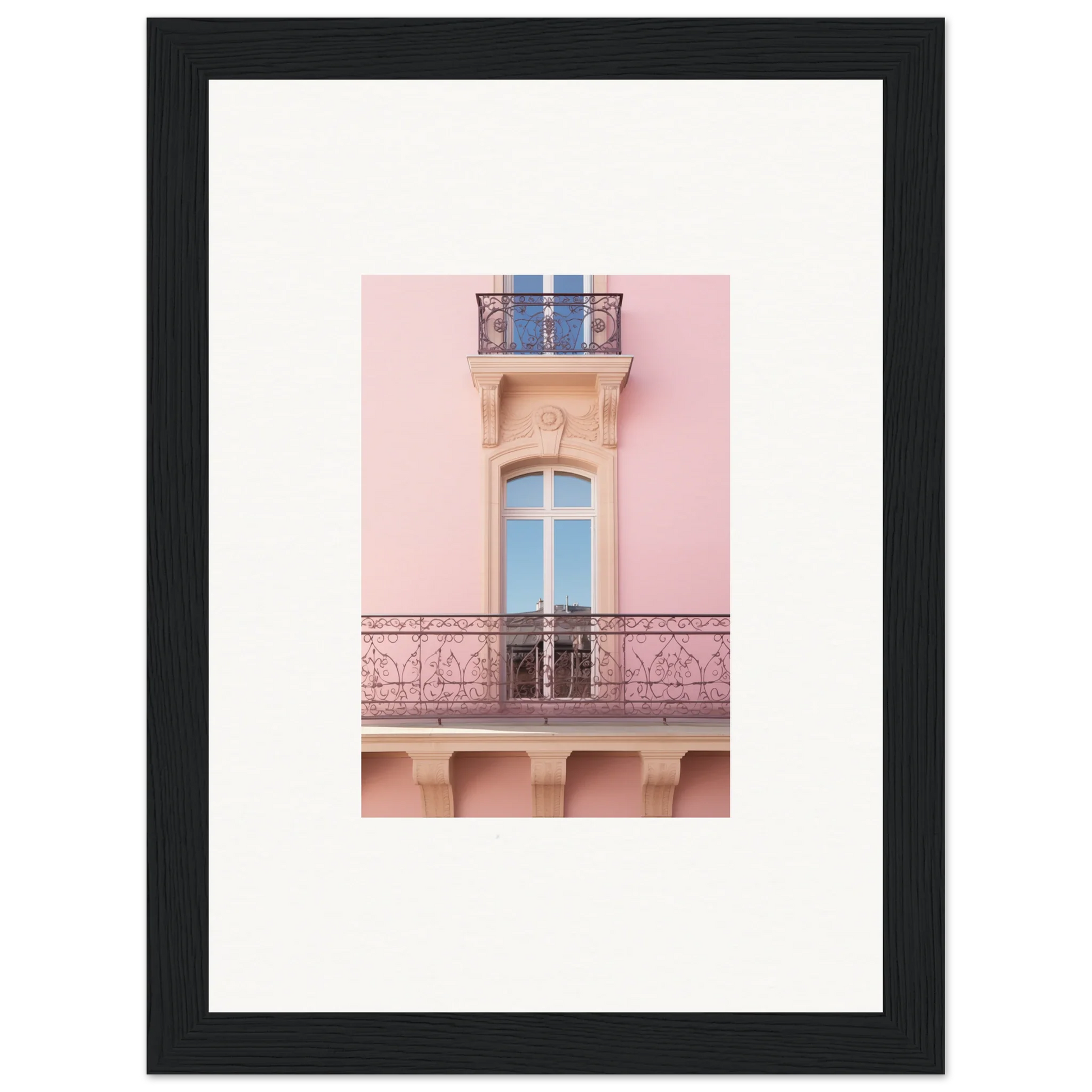 Ornate pink balcony with arched window featuring the Dusky Dream Balustrade design