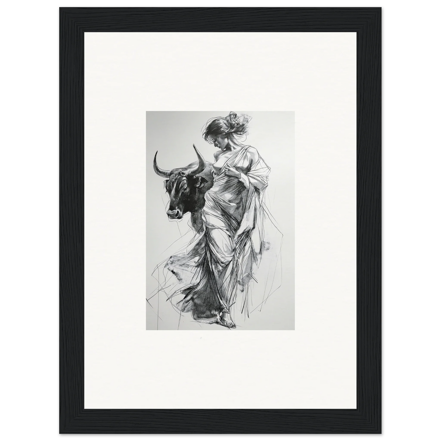 Black and white sketch of a woman in flowing robes with a bull for Reverie of Zephyr special edition art™