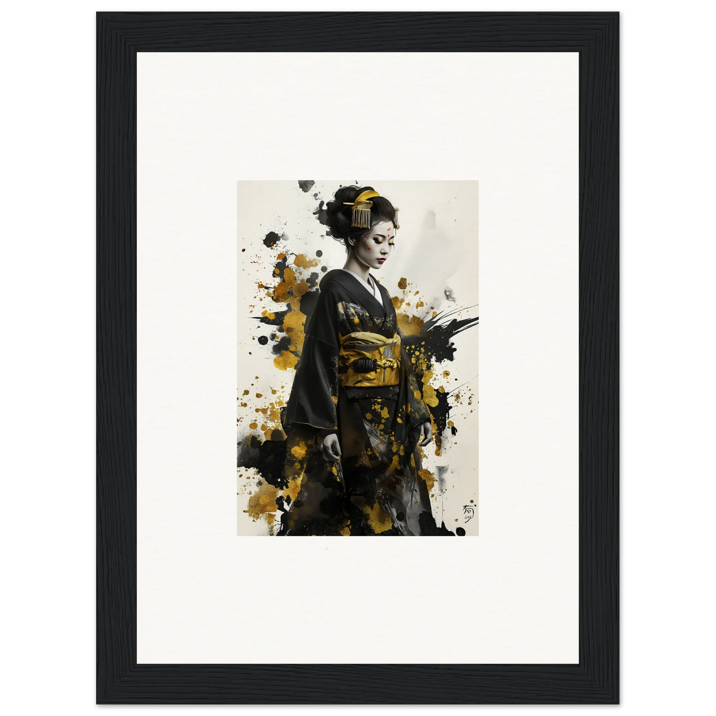 Artistic portrait of a geisha in kimono with gold splatter from Eclipsed Ukiyo Symphony