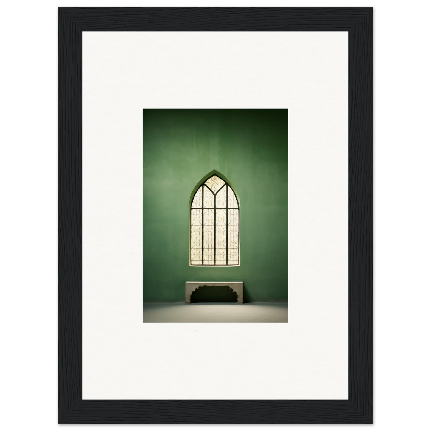 Gothic arched window with geometric panes above bench in Evermind Greenthaum special edition art™