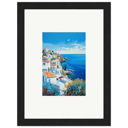 Framed Mediterranean coastal art in Sunlit Dreamscape Promise with vibrant blue waters