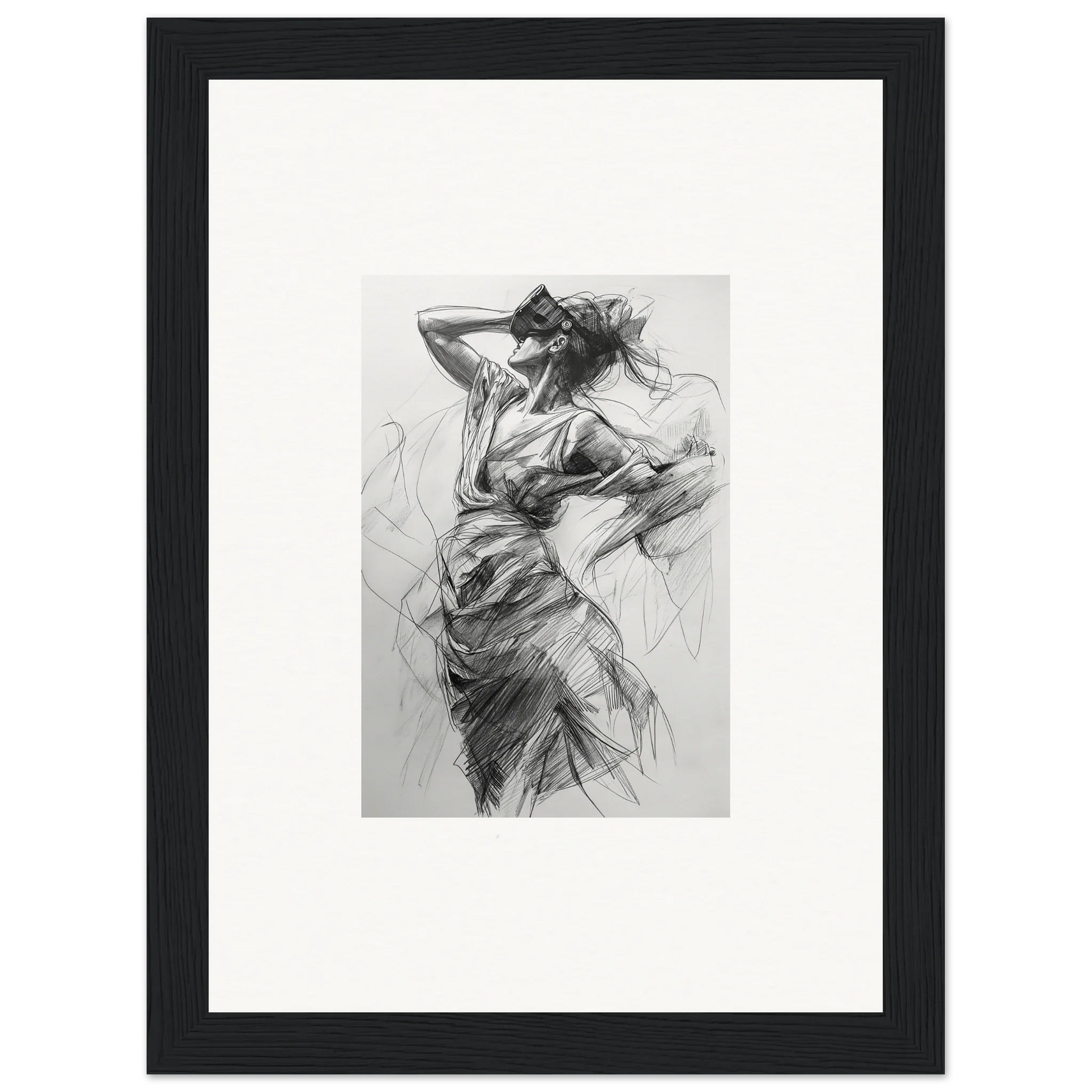 Expressive charcoal sketch of a dynamic figure for Veiled Revisionist Muse framed wall art