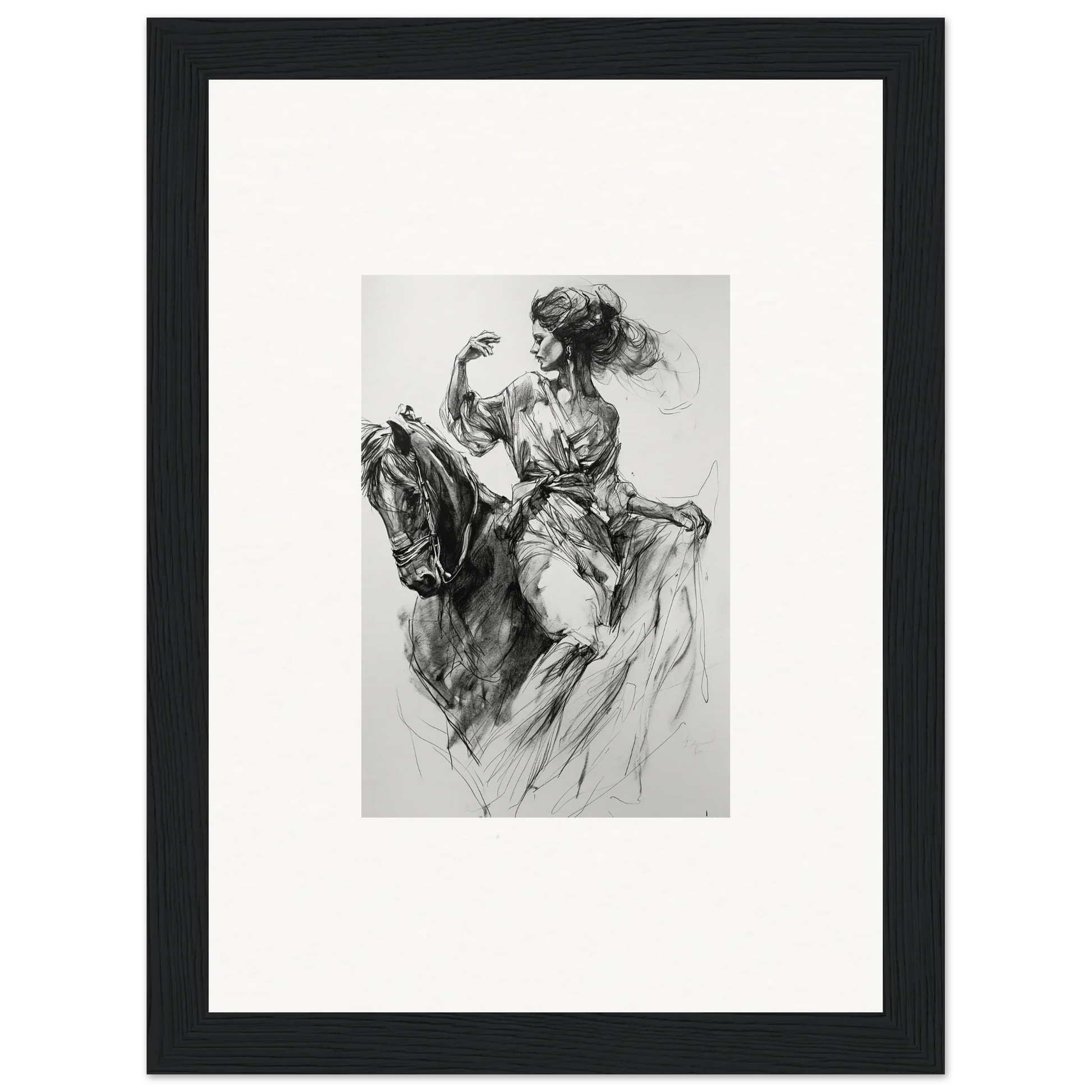 Black and white sketch of a horse and rider in dynamic motion for Ephemeral Journey Grafikermania