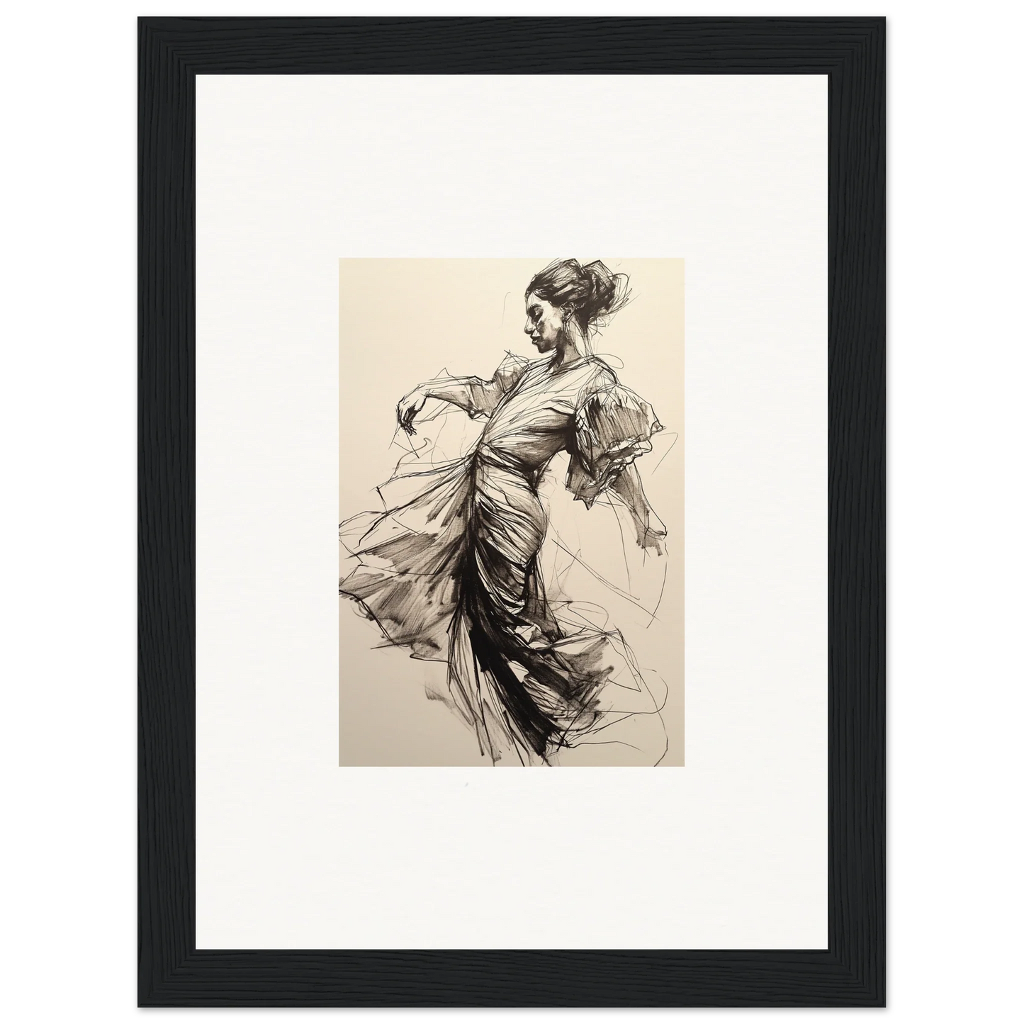 Elegant ink sketch of a dancer in flowing dress for Whirling Midnight Form framed wall art