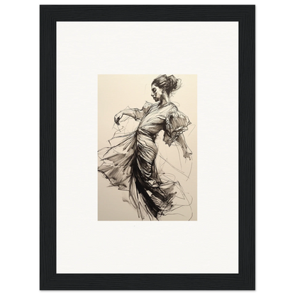 Elegant ink sketch of a dancer in flowing dress for Whirling Midnight Form framed wall art