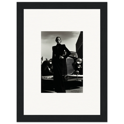 Black and white shot of someone in formal wear next to a vintage car for Noiray Vogue Explosion