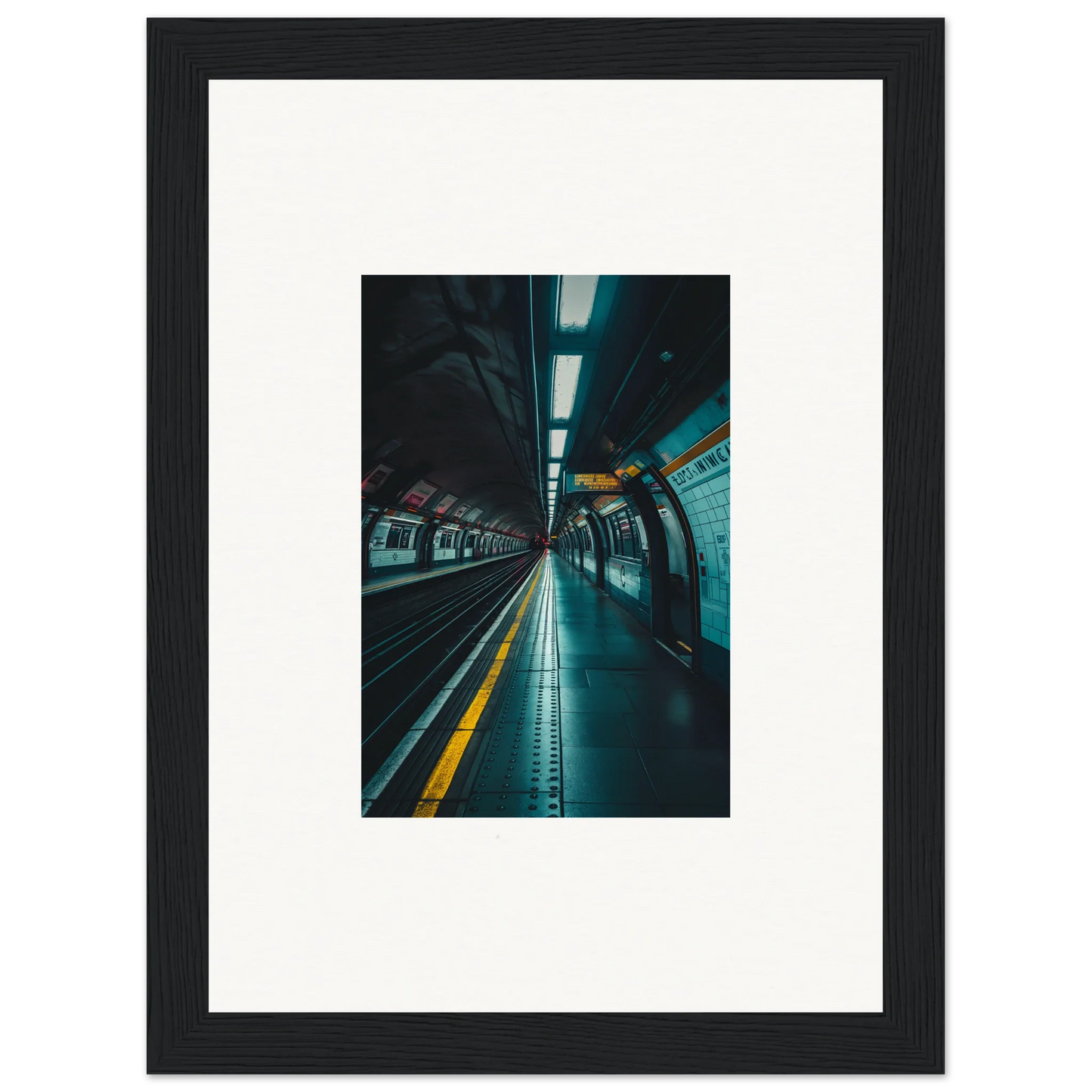 Framed photograph of a turquoise-lit subway platform for Portal Echo Anatomy art