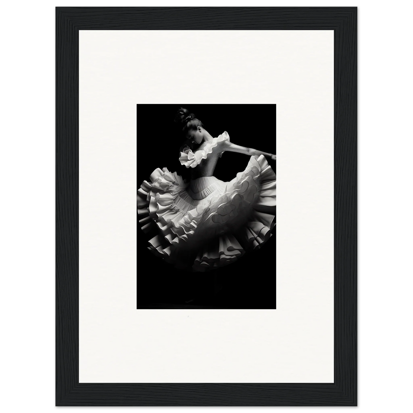 Black and white photo of a Swirled Dream Dancer in motion for premium framed wall art