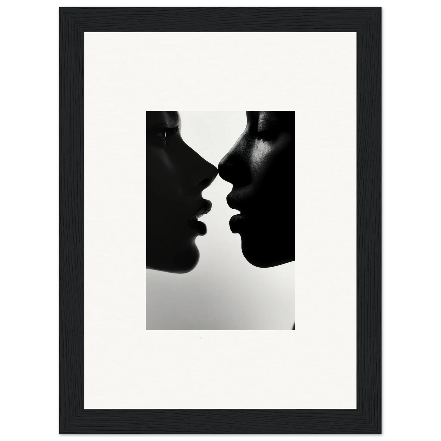 Silhouetted profiles in intimate pose, part of Narcissus Mirror Haze framed wall art