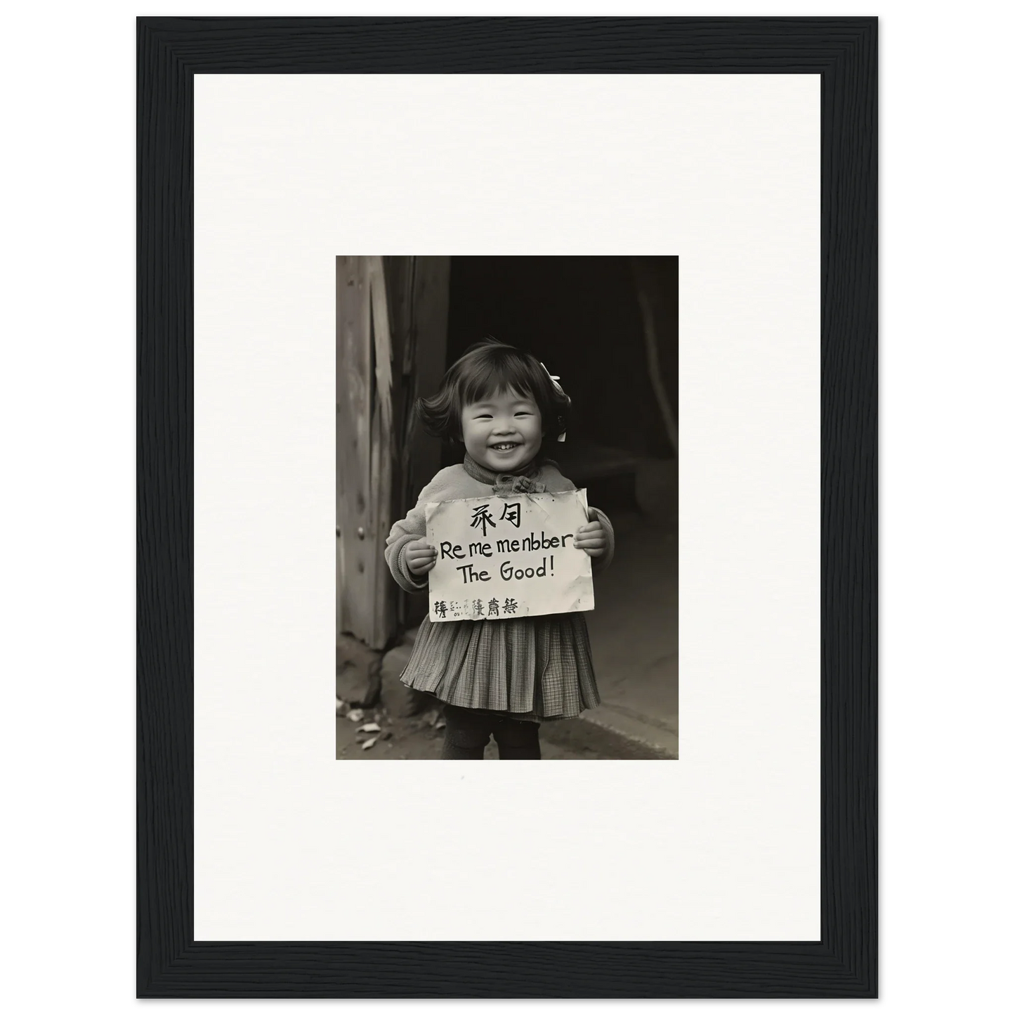 Black and white photo of a child with a sign, framed wall art in Ephemeral Joy Imbibed