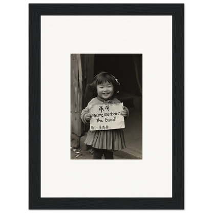 Black and white photo of a child with a sign, framed wall art in Ephemeral Joy Imbibed