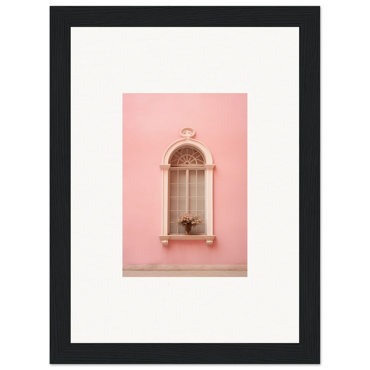 Arched window with flower pot on pink wall in Pinky Flora Portal framed wall art