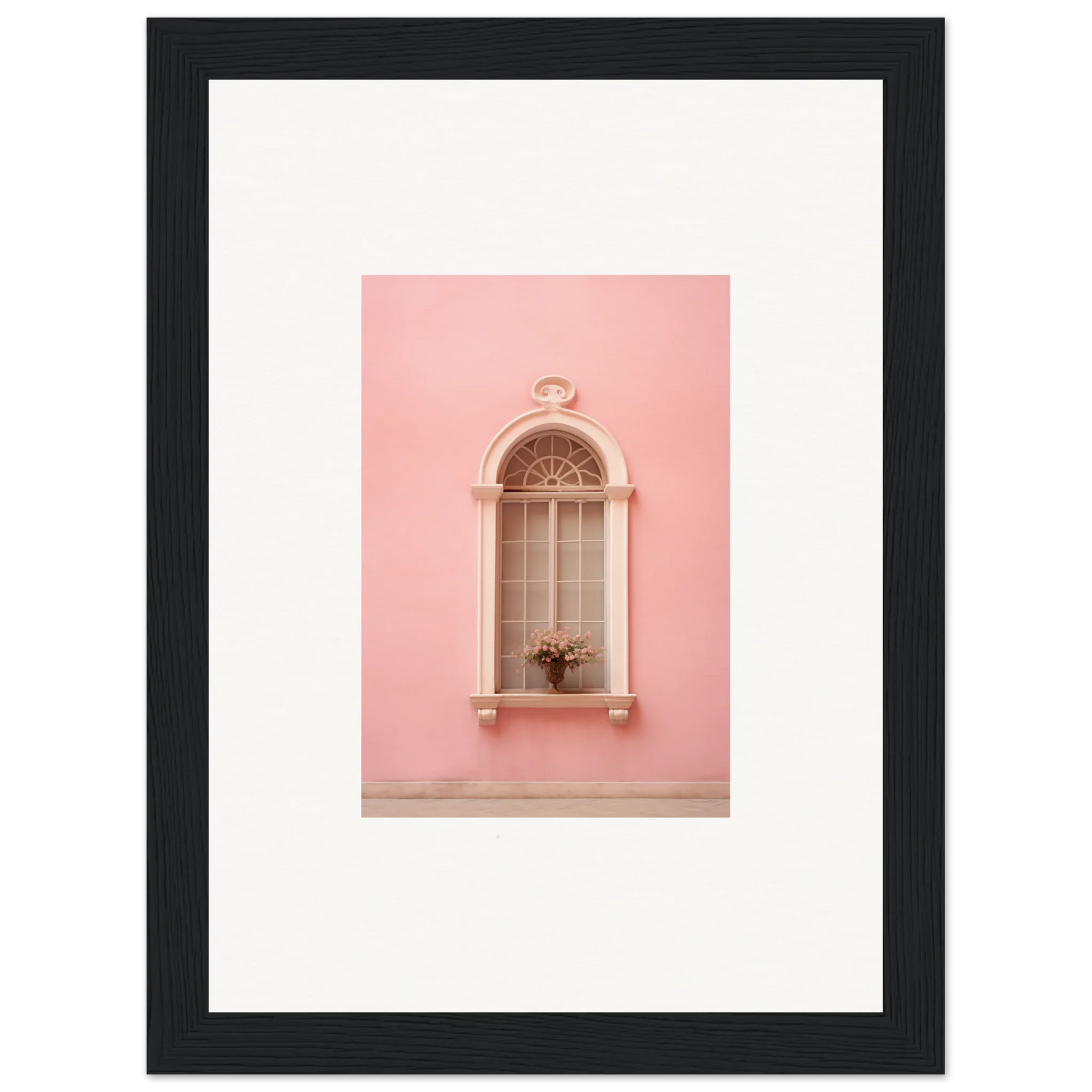 Arched window with flower pot on pink wall in Pinky Flora Portal framed wall art