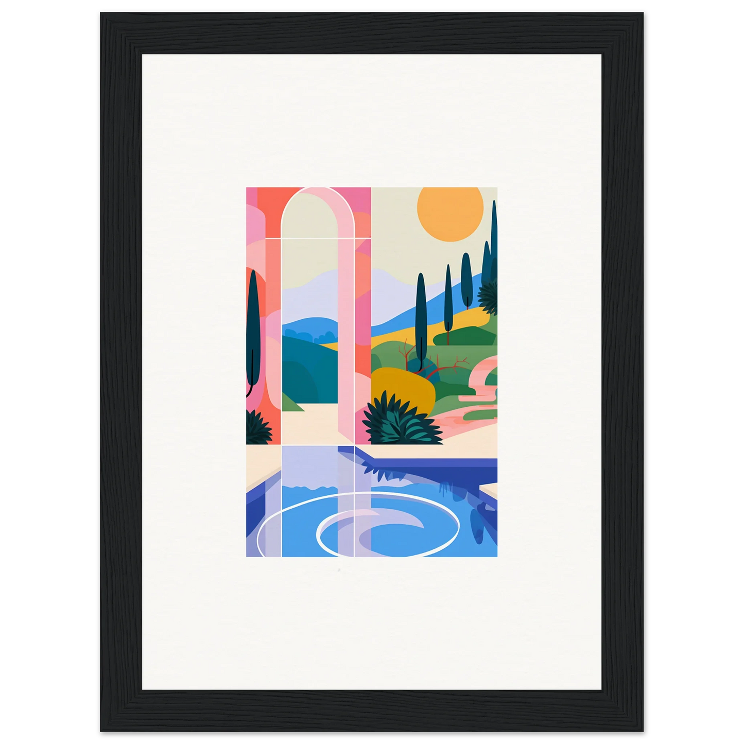 Framed abstract landscape wall art Sunlit Oasis with colorful shapes for room decoration