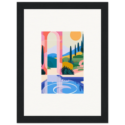 Framed abstract landscape wall art Sunlit Oasis with colorful shapes for room decoration