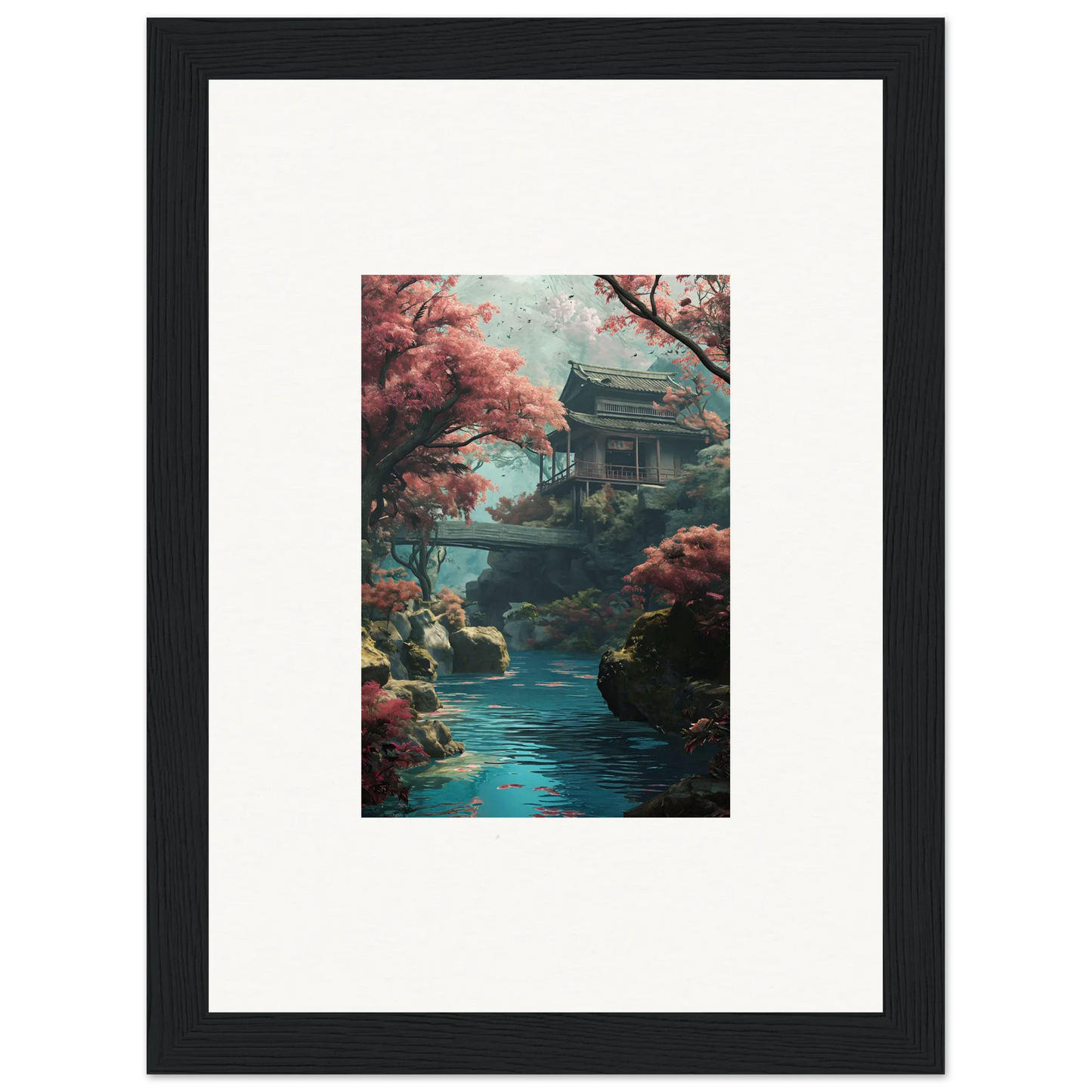 Traditional Japanese pagoda with bridge over turquoise water and cherry blossoms in Zen Dream Symphony framed wall art