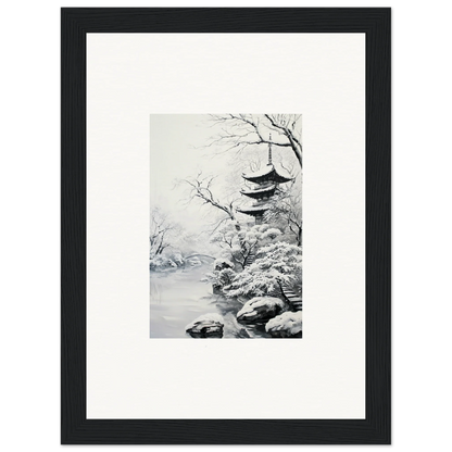 Black-framed Twilight Rebirth Narrative artwork of a snowy Japanese pagoda scene