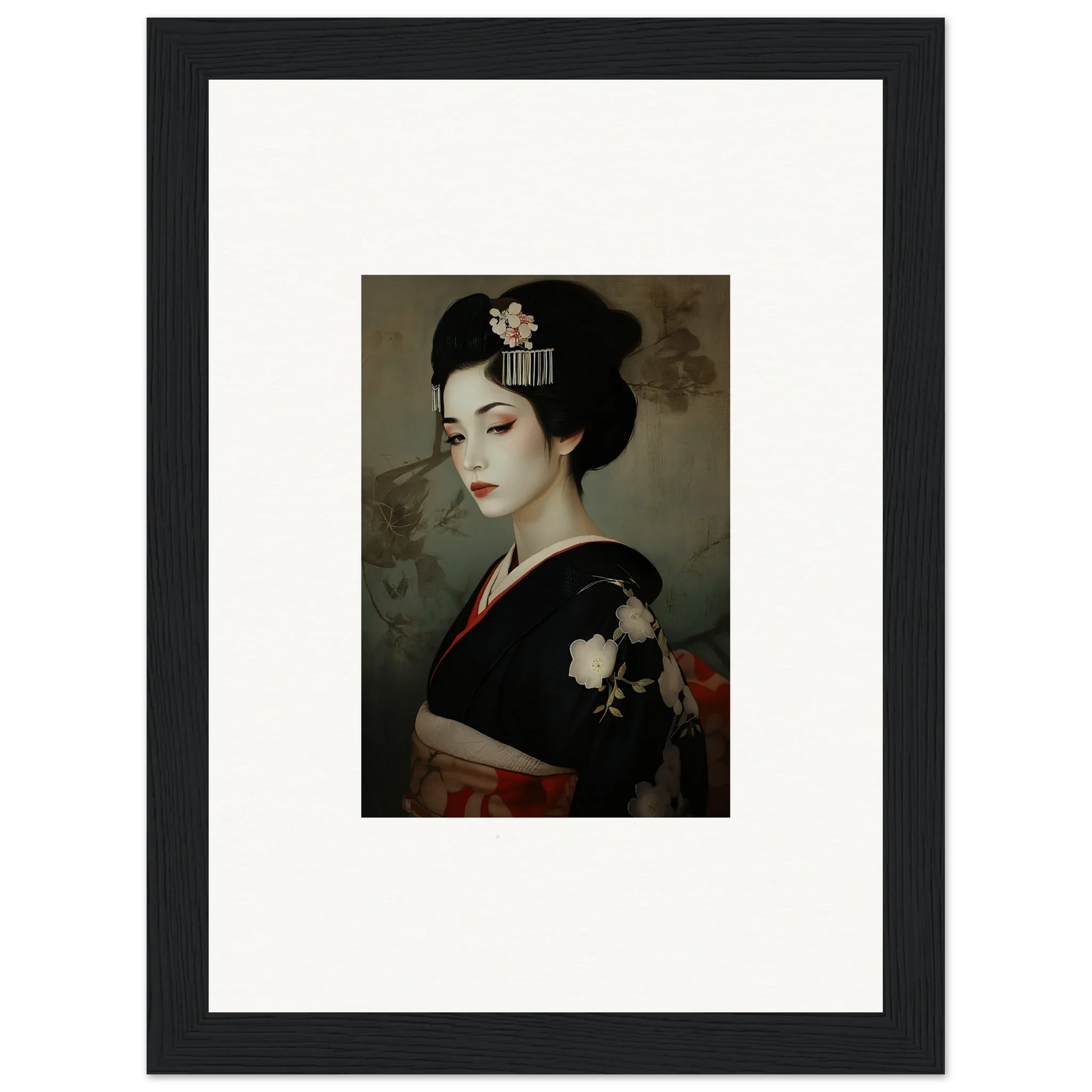 Framed wall art of a geisha in a black floral kimono for Cherry Dream Surrealism