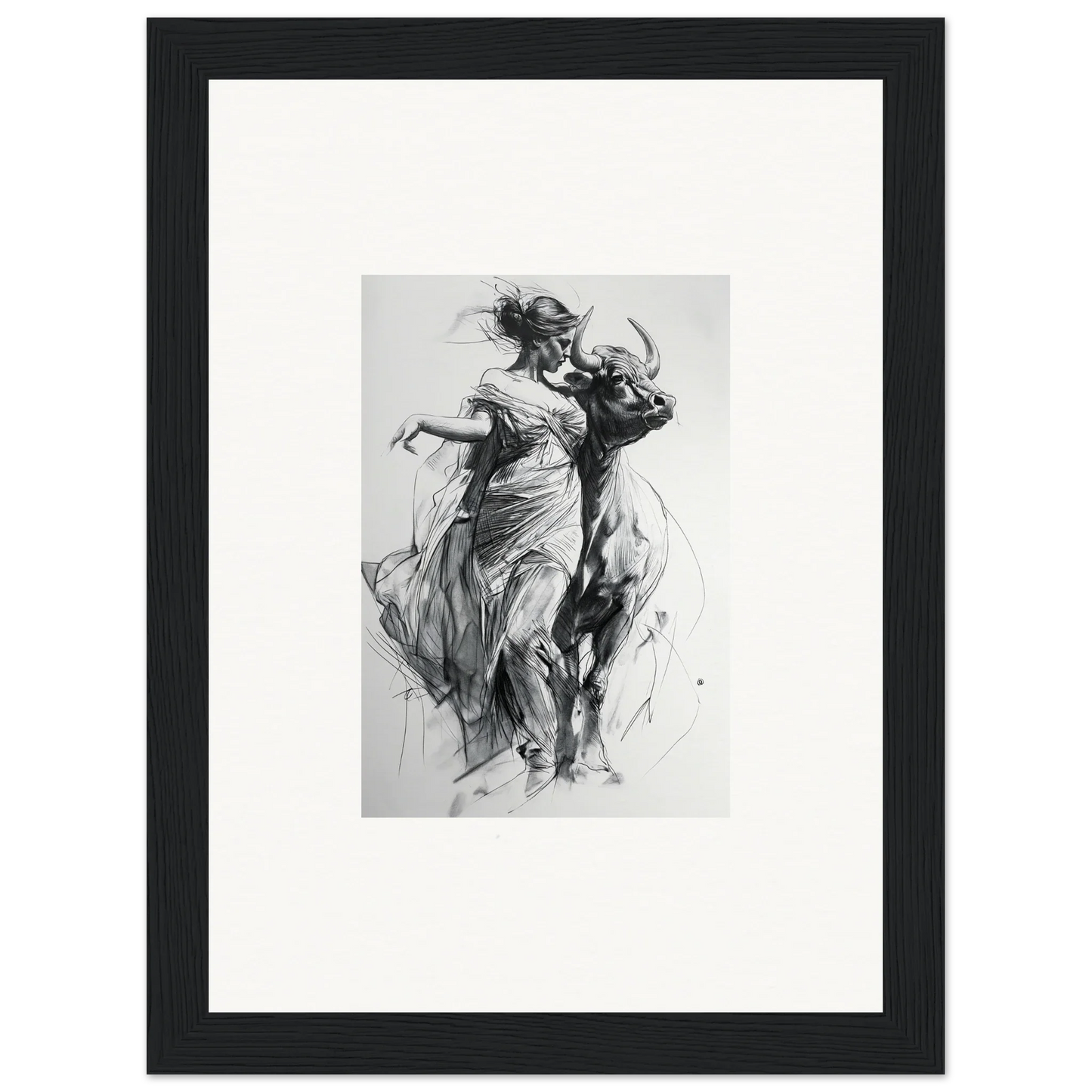 Dynamic charcoal sketch of two dancers in flowing dresses for Metaphoric Taurus Whispers