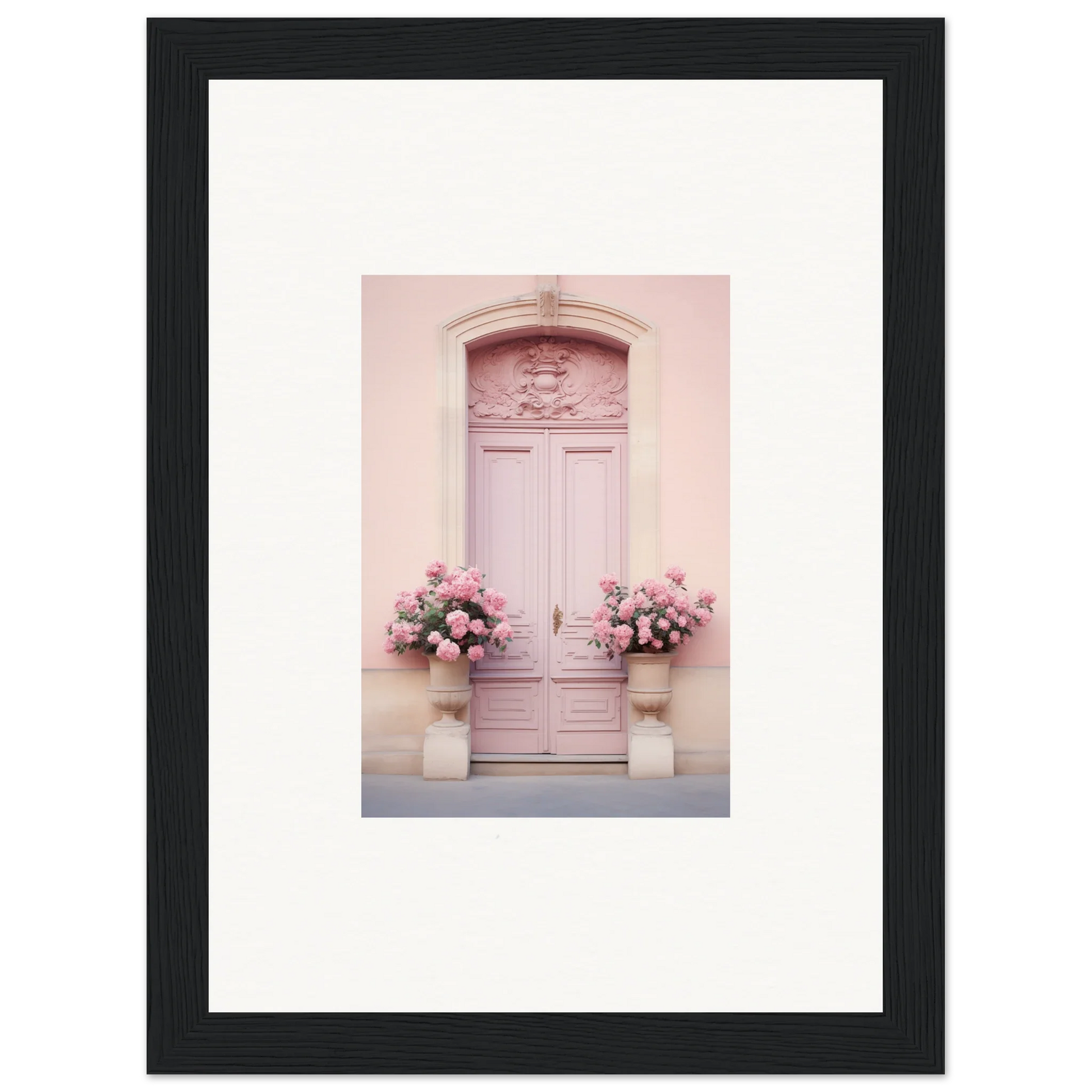 Pink door with ornate details and flowers, Rosy Cosmos Gateway framed wall art