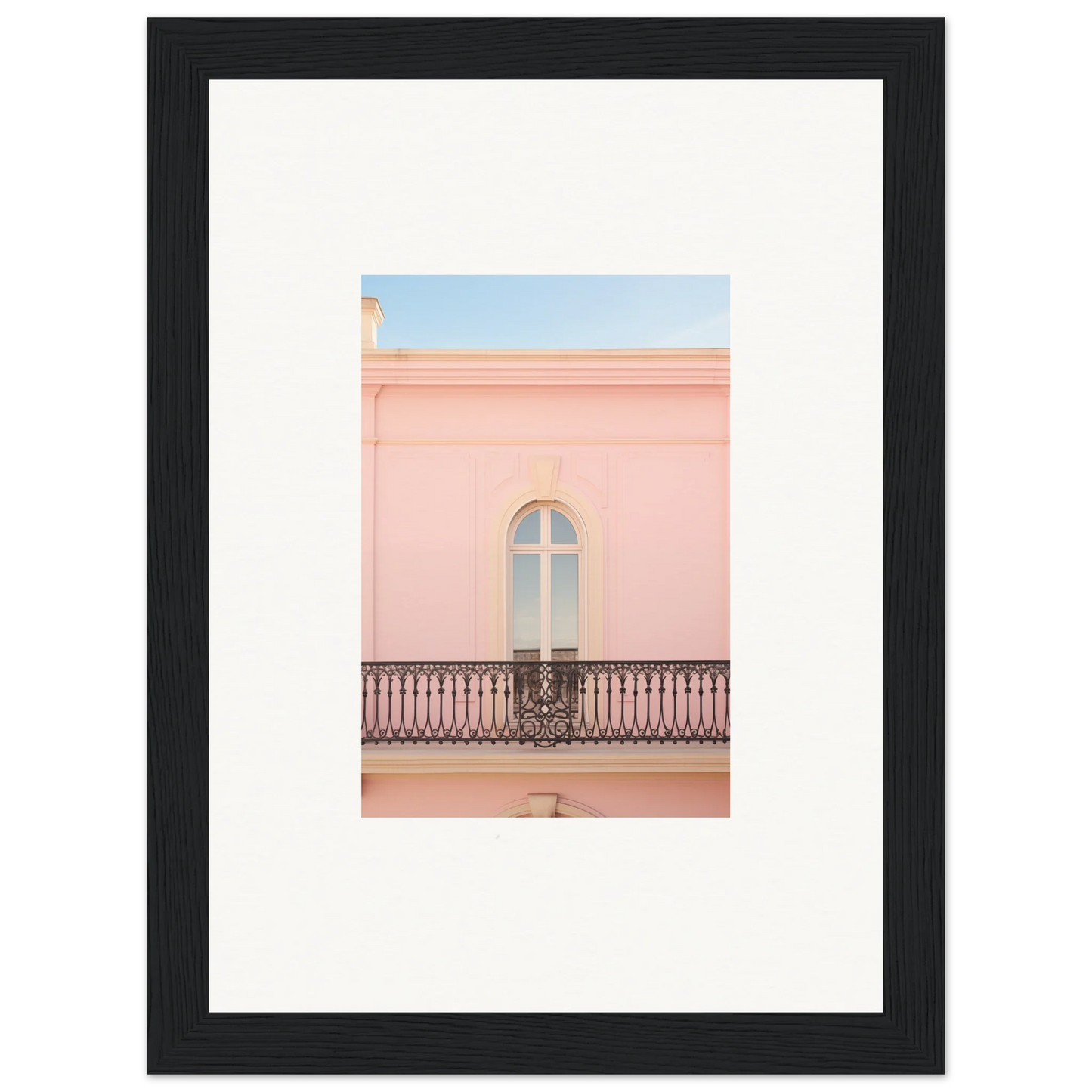 Framed wall art of ornate balcony and arched window for Peach Tranquil Portal