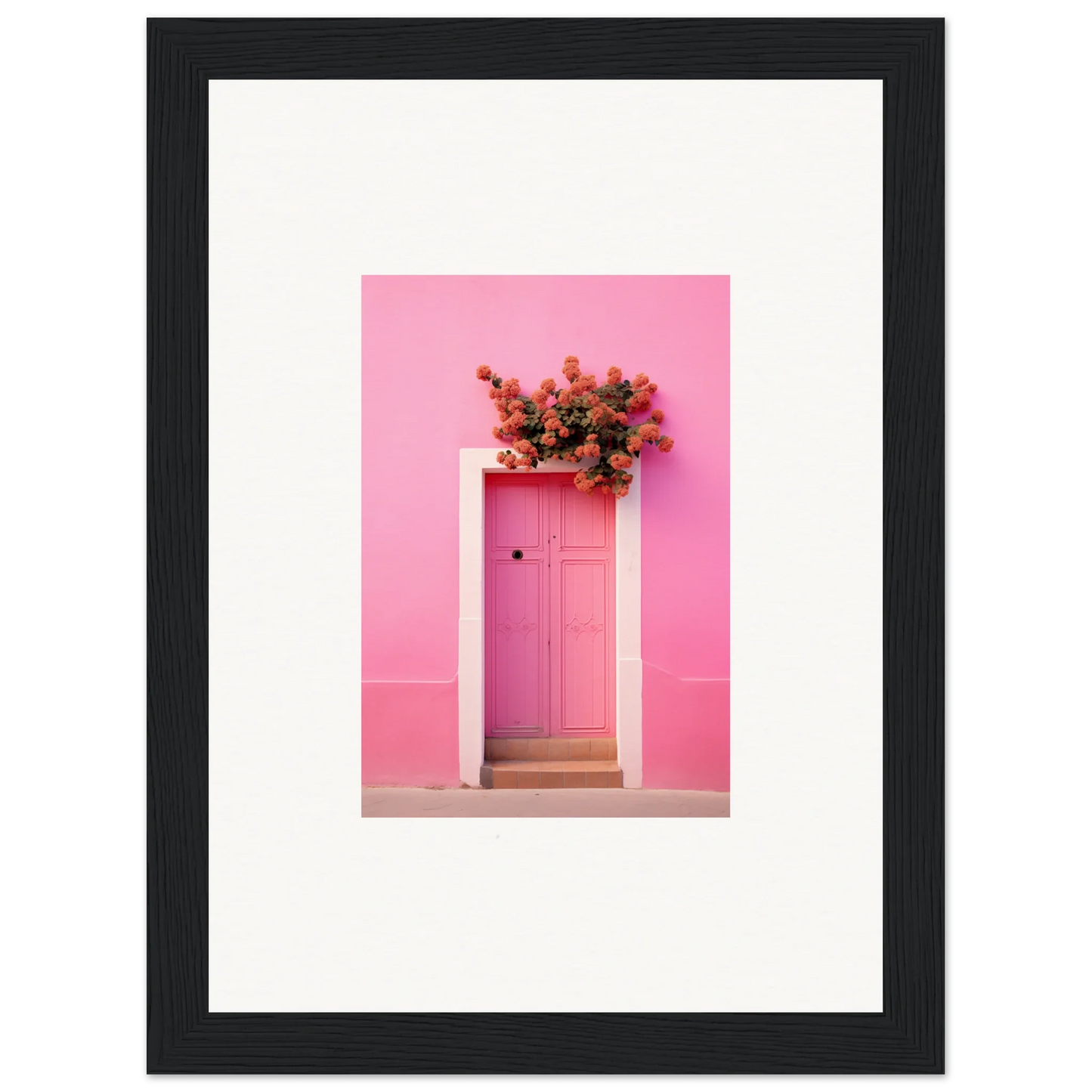 Pink door with red flowers, part of Quantum Pink Serenade framed wall art