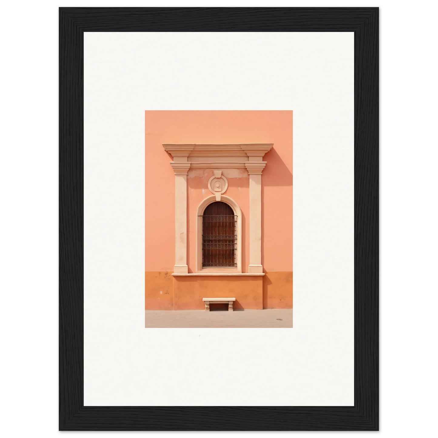 Ornate arched window on a peach wall in Silent Sunset Oblique framed wall art