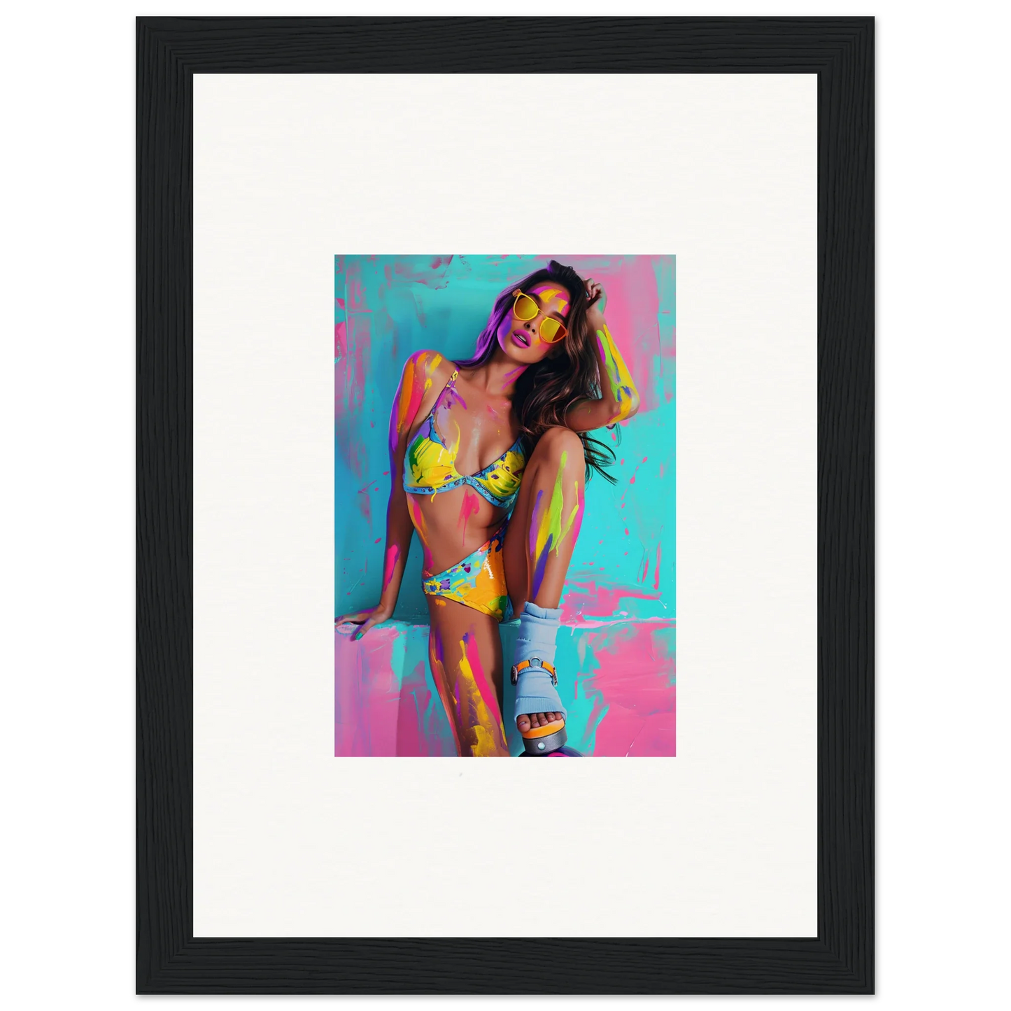 Colorful canvas print of a woman in a yellow bikini, perfect for room decoration wall art