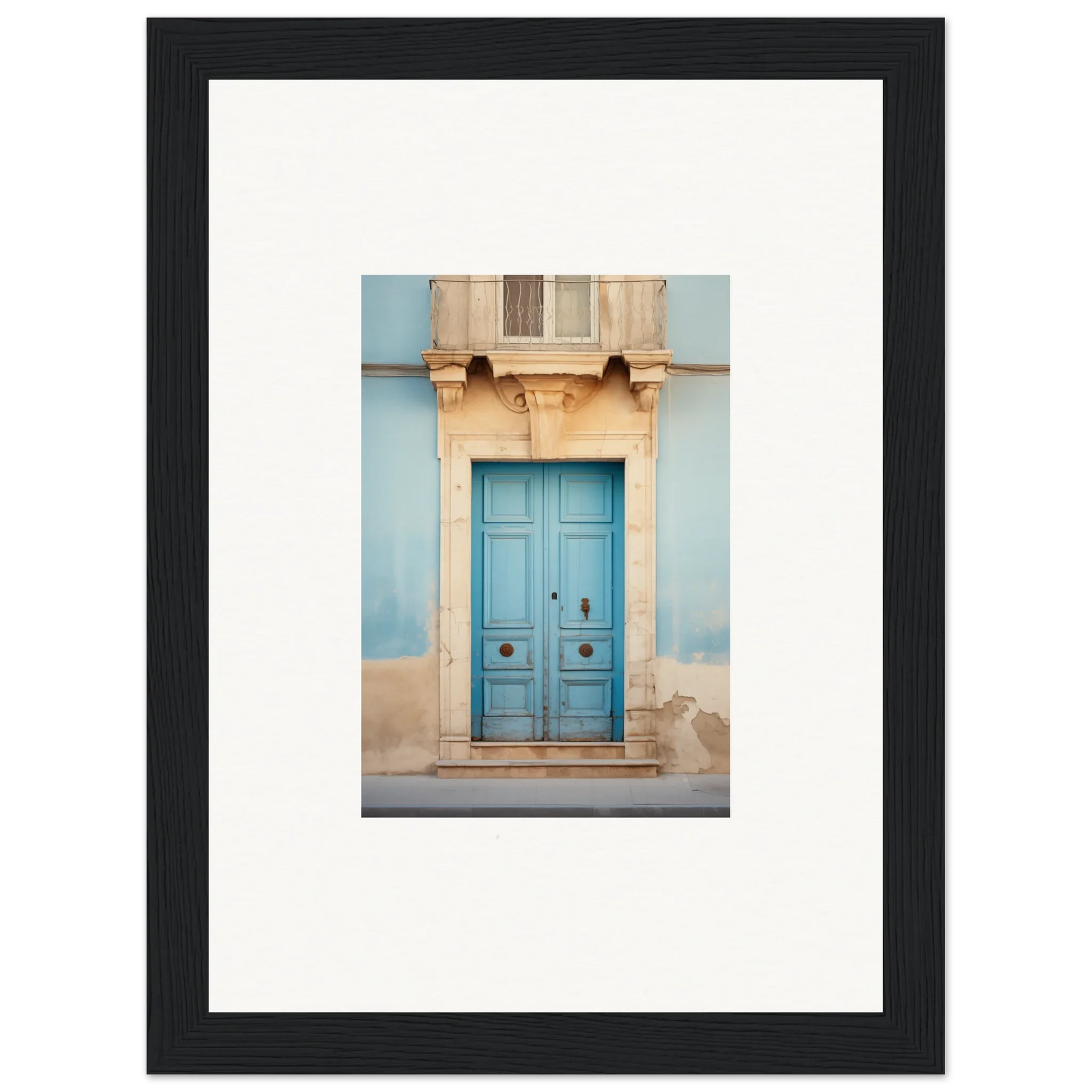 Bright blue wooden door with ornate stone trim in the Ephemeral Dreamscape Doorway