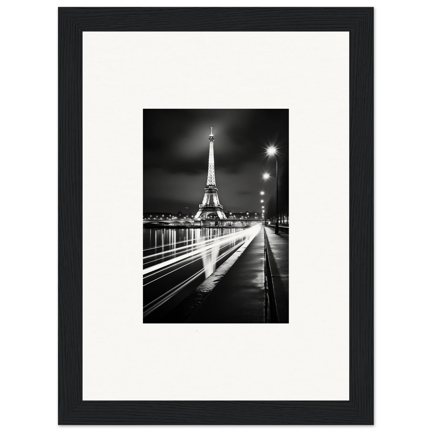 Black and white photo of the Eiffel Tower at night for premium framed wall art