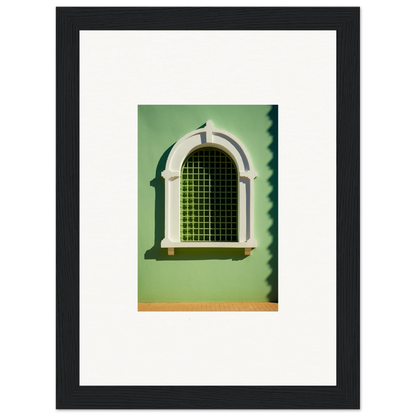 Arched Visible Equilibrium Window with decorative white trim and green metal grating