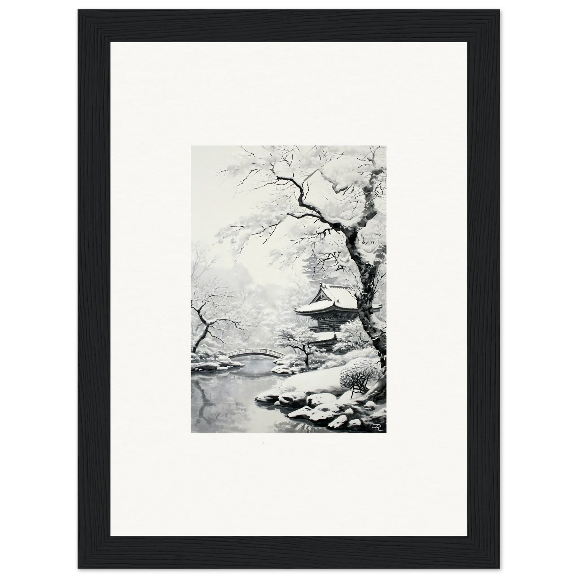 Black-framed Winter Embrace Whisper art featuring a snowy pagoda landscape