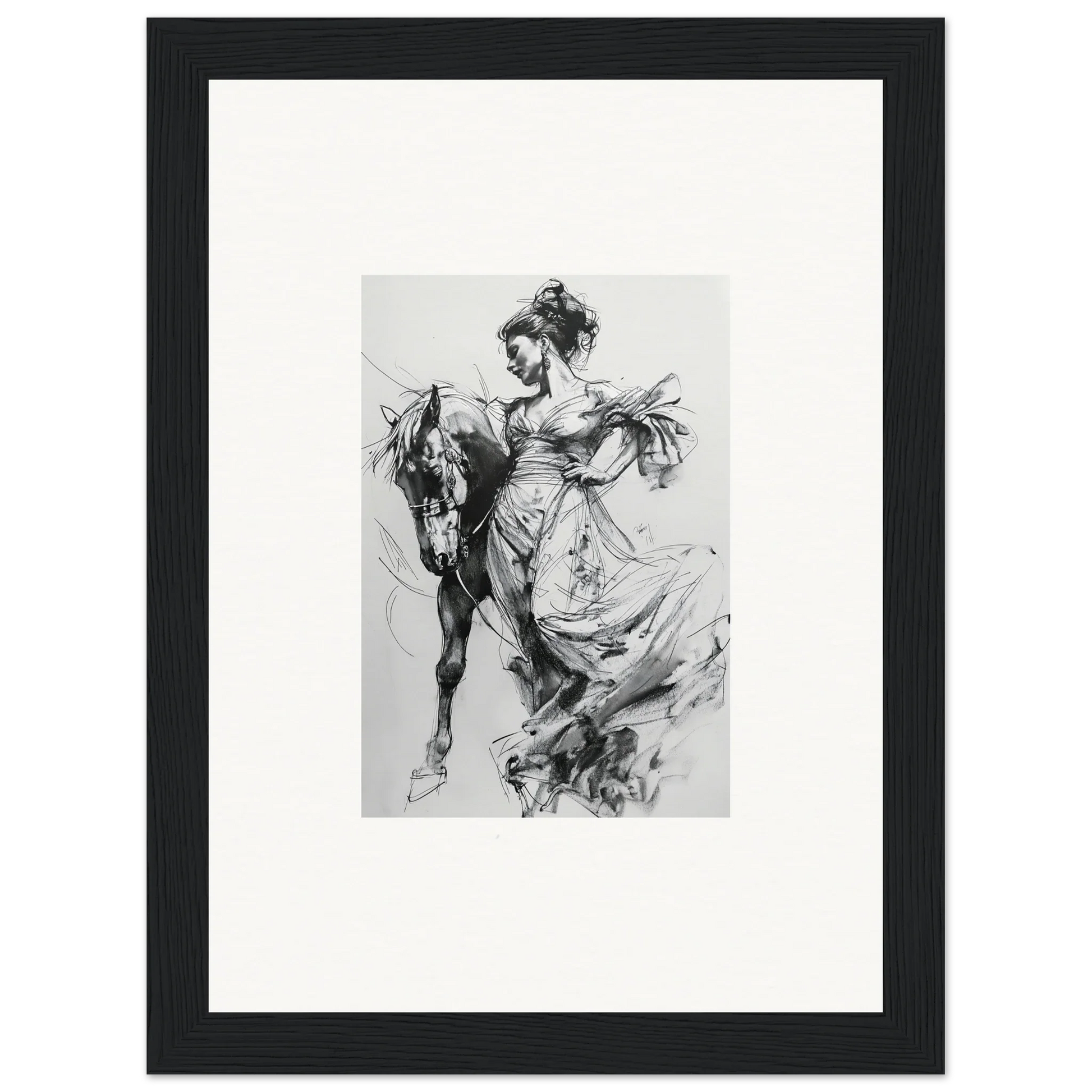 Black and white sketch of a rider on a horse for Stardust Morph Whimsy framed wall art