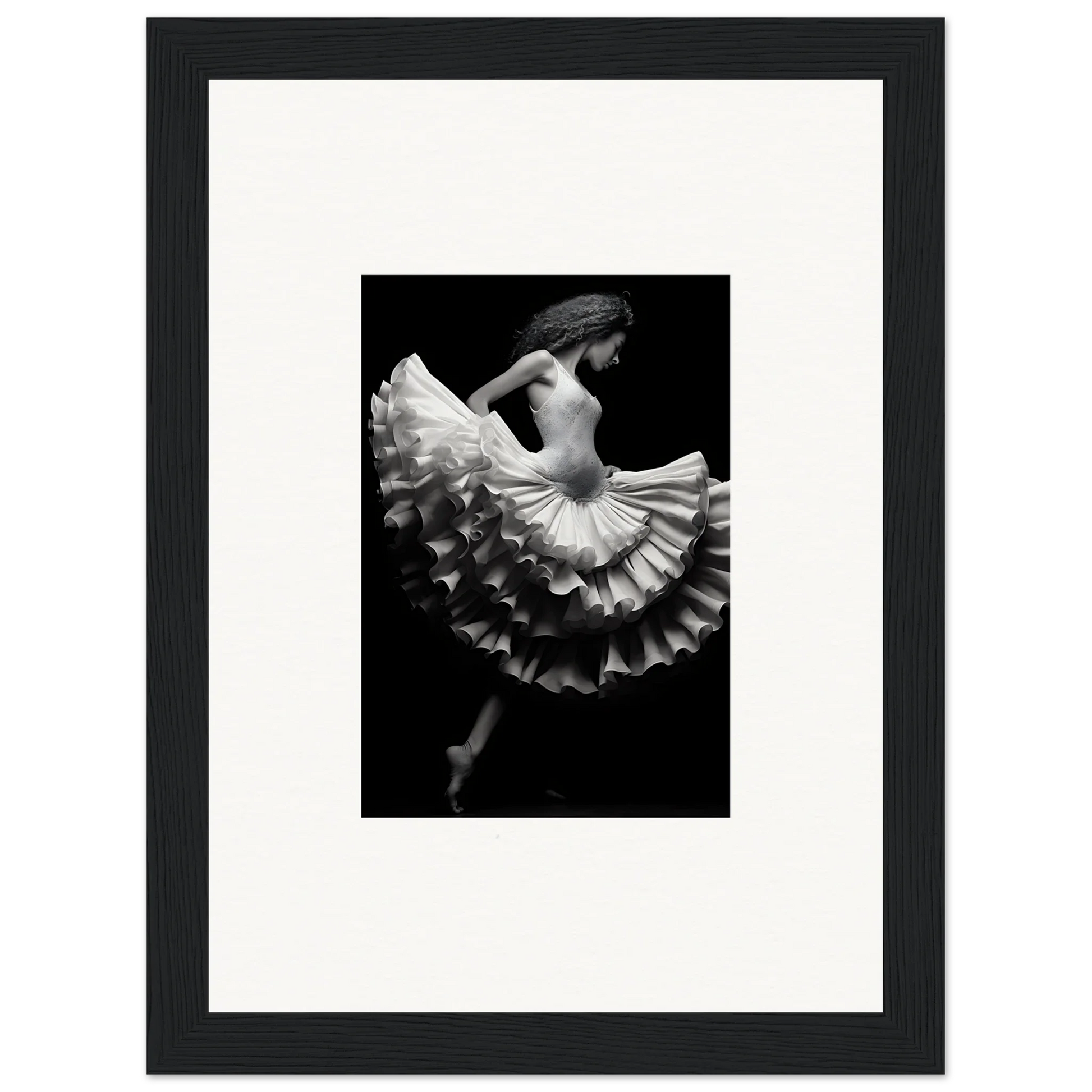 Black and white ballet dancer in ruffled tutu for Ethereal Waltz Silence framed wall art