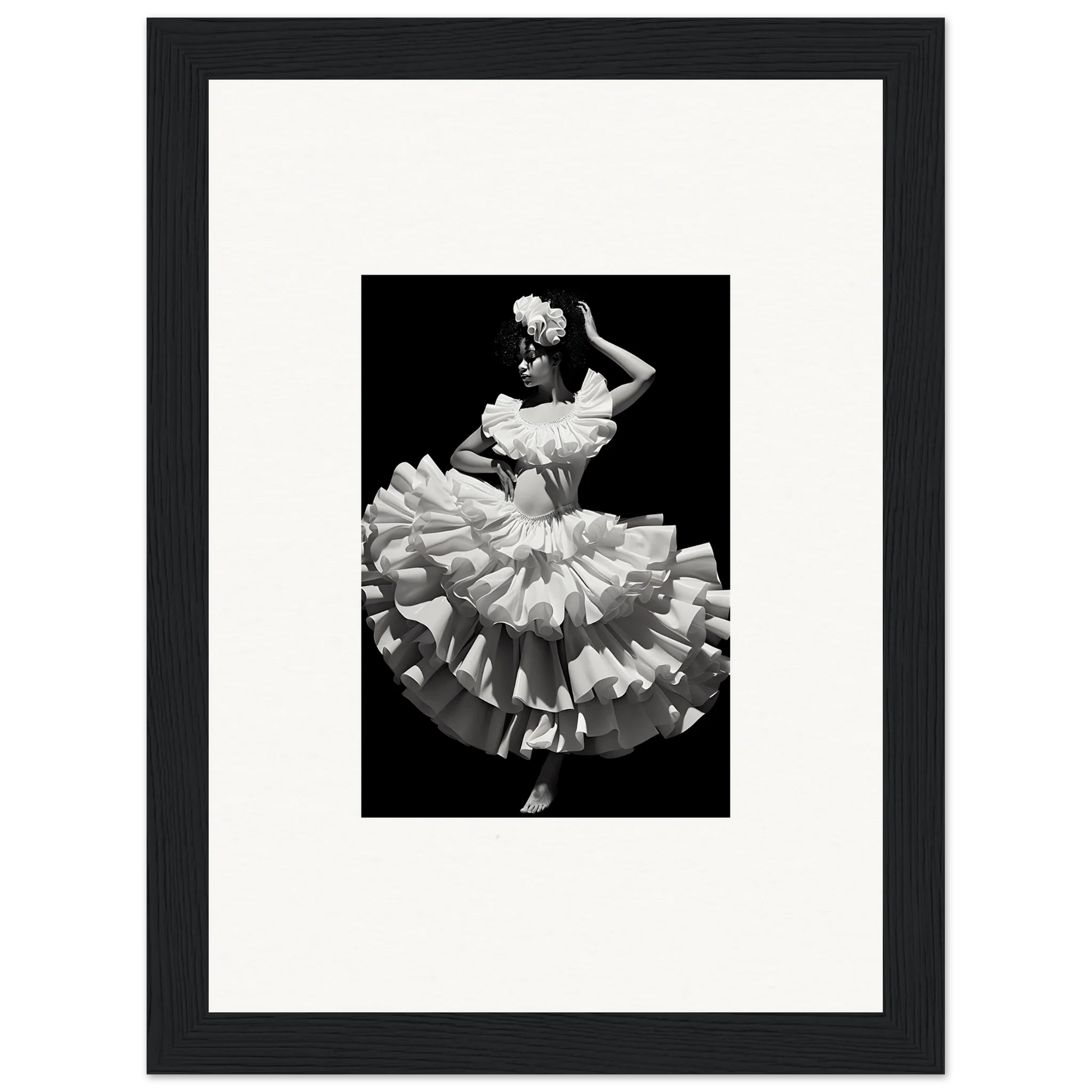 Black and white photo of a dancer twirling in Curves Dreamscape Illuminated art piece